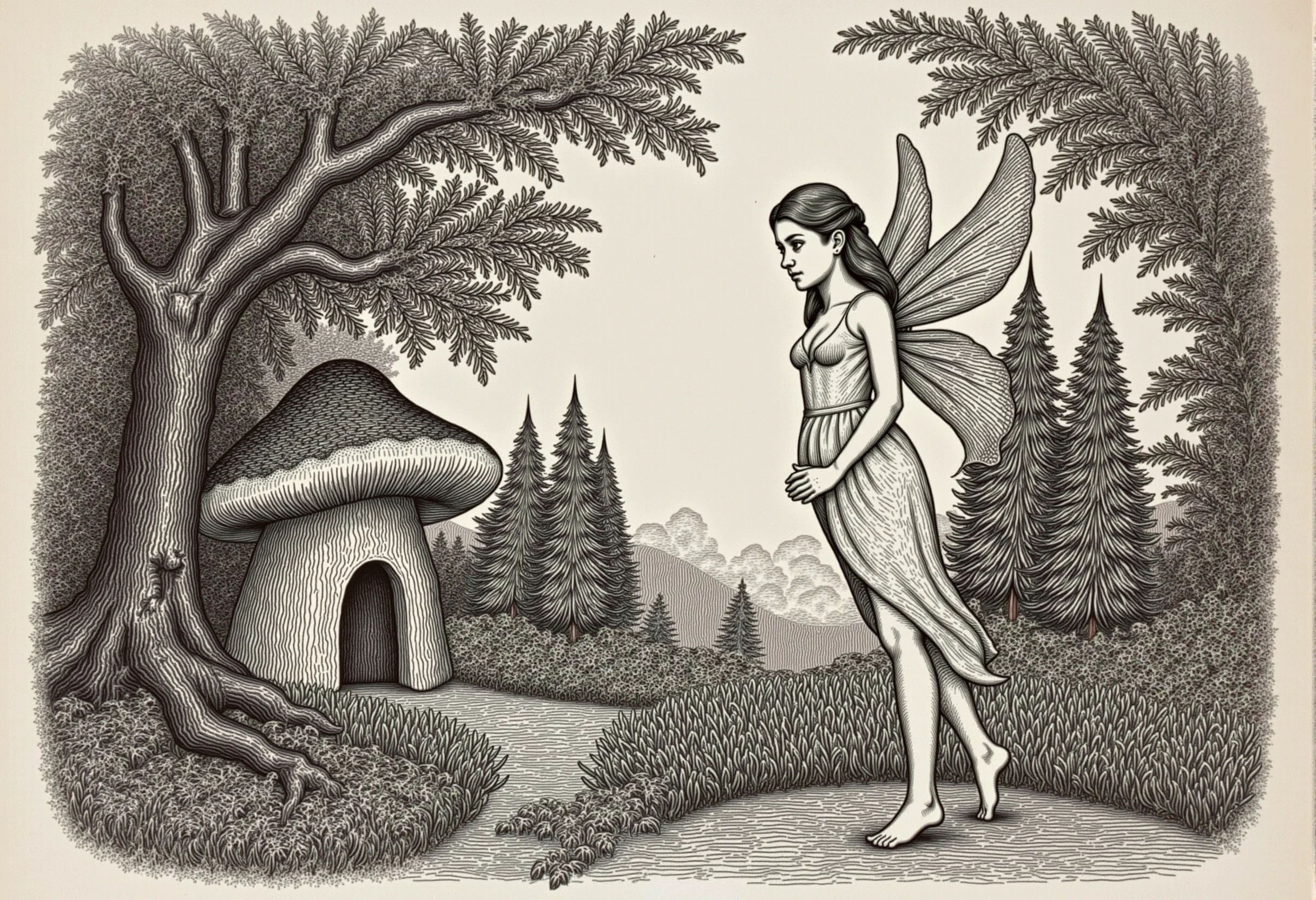 A whimsical etched scene of a magical forest with giant gnarled trees with green leaves, green grass, pink flowers, a mushroom-shaped house straight out of a story book, and a tall beautiful young fairy with bright eyes, freckles, full crimson lips, a cute face, long hair, in a flowing lacy dress, with detailed yellow and orange butterfly wings on her back. An intricate etching. DollarStyle.