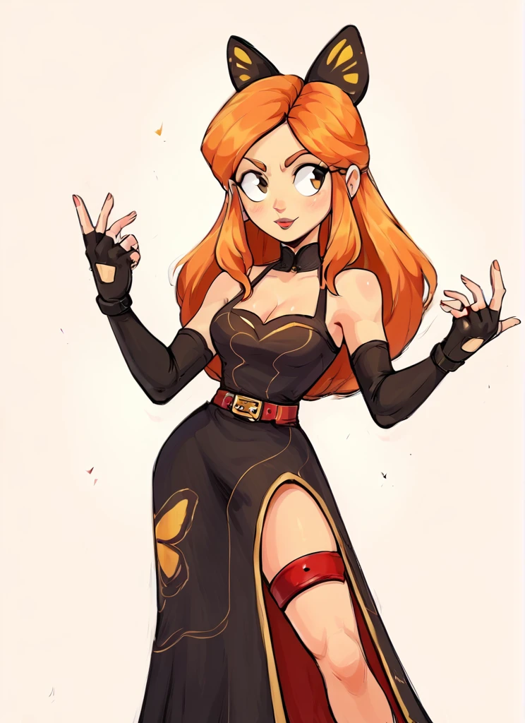 score_9, score_8_up, score_7_up,   1  girl  , bpiper  , orange hair, long hair,  butterfly hair ornament, cleavage , black sleeveless dress,long dress,  pelvic curtain, red thigh strap,  belt ,  black elbow gloves, fingerless gloves  <lora:bpiper-000004:1>   <lora:Aer0Zer0_Artist_Style:1>