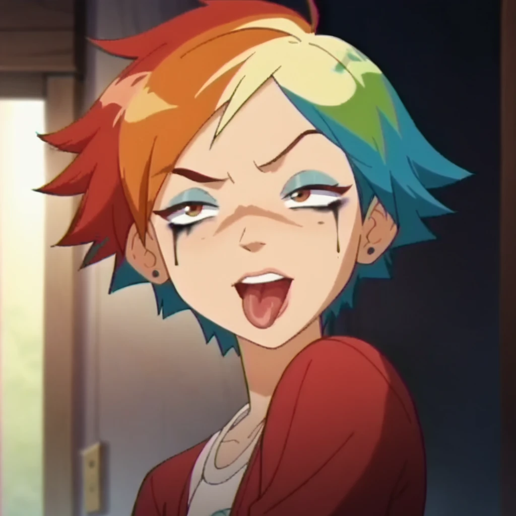 score_9, score_8_up, score_7_up, score_6_up, anime_screencap, flat_colors, film grain, (framed) (framed) 1girl, solo, tomboy, rainbow colored hair, heavy makeup, tongue out, silly