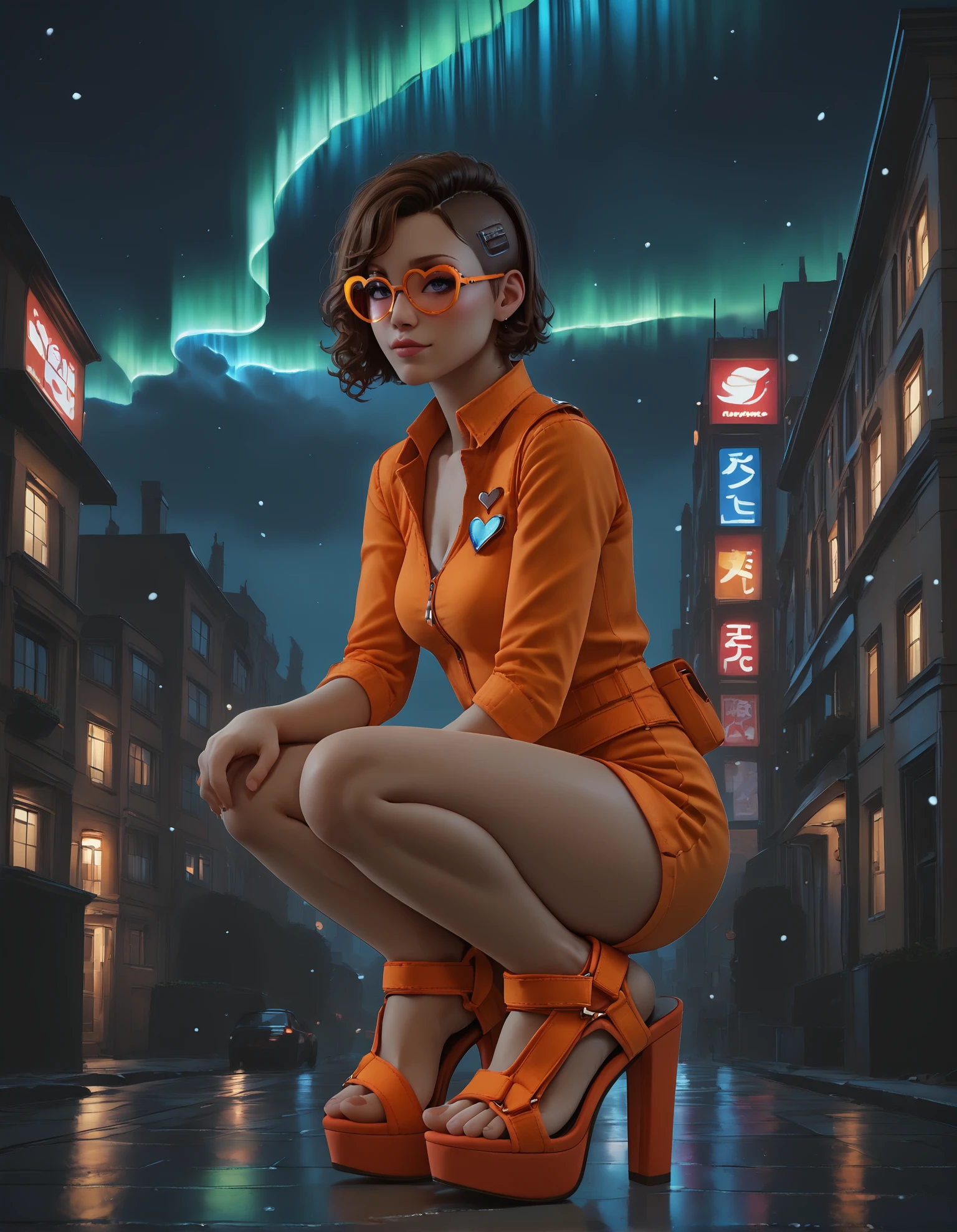 1girl, dark skin,
squatting, (rooftop:1.3), skyline,  
orange bodysuit, heart-shaped cutout, sexy attire,
brown hair, short hair, curly hair, (side cut:1.2),
(sp0rts4nd4l heels), feet, toes,
(from side:0.7), 
snowing, aurora borealis,
heart-shaped glasses, orange frame glasses,
color grading,
night, dark, dark background, Low-key lighting,
embedding:zPDXL2 ,