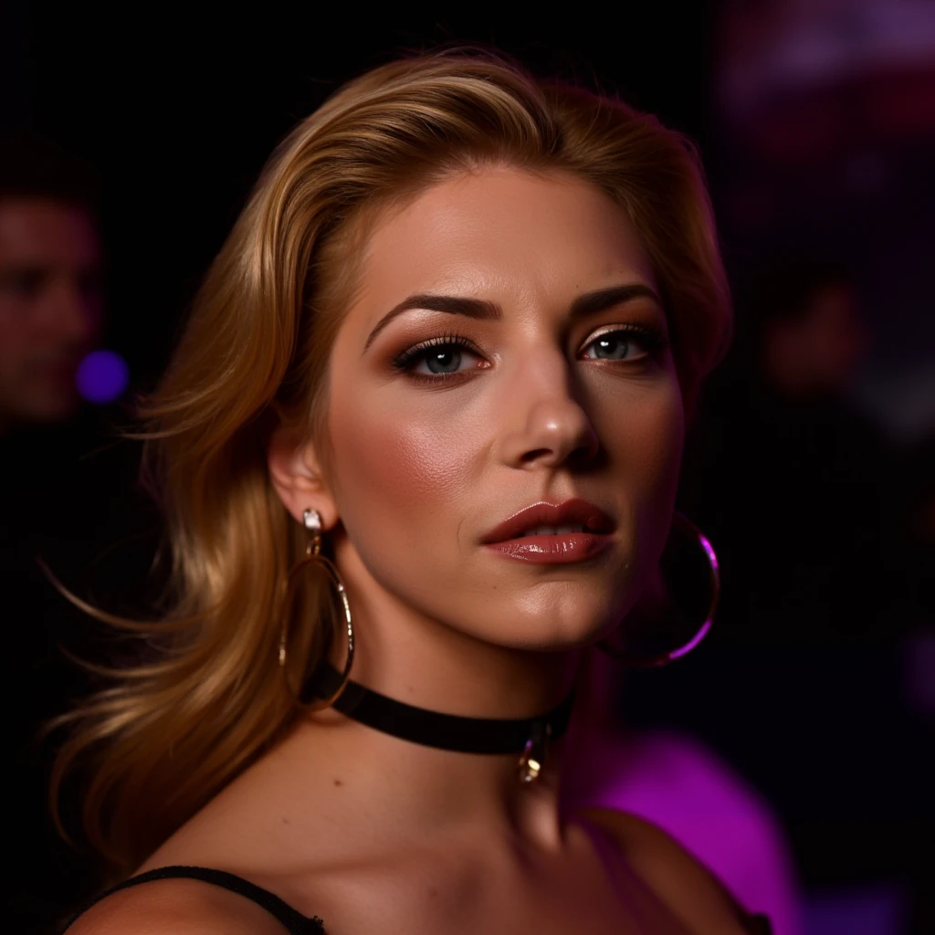 High res waist up portrait photo of a woman with glittery eye-shadow and clear glossy lip-gloss.She is looking at the viewer seductively . She is wearing a thin string-like black choker and hoop earrings. In the background is a nightclub scene out of focus., , <lora:Katheryn_Winnick_FLUX_v1-000040:1>