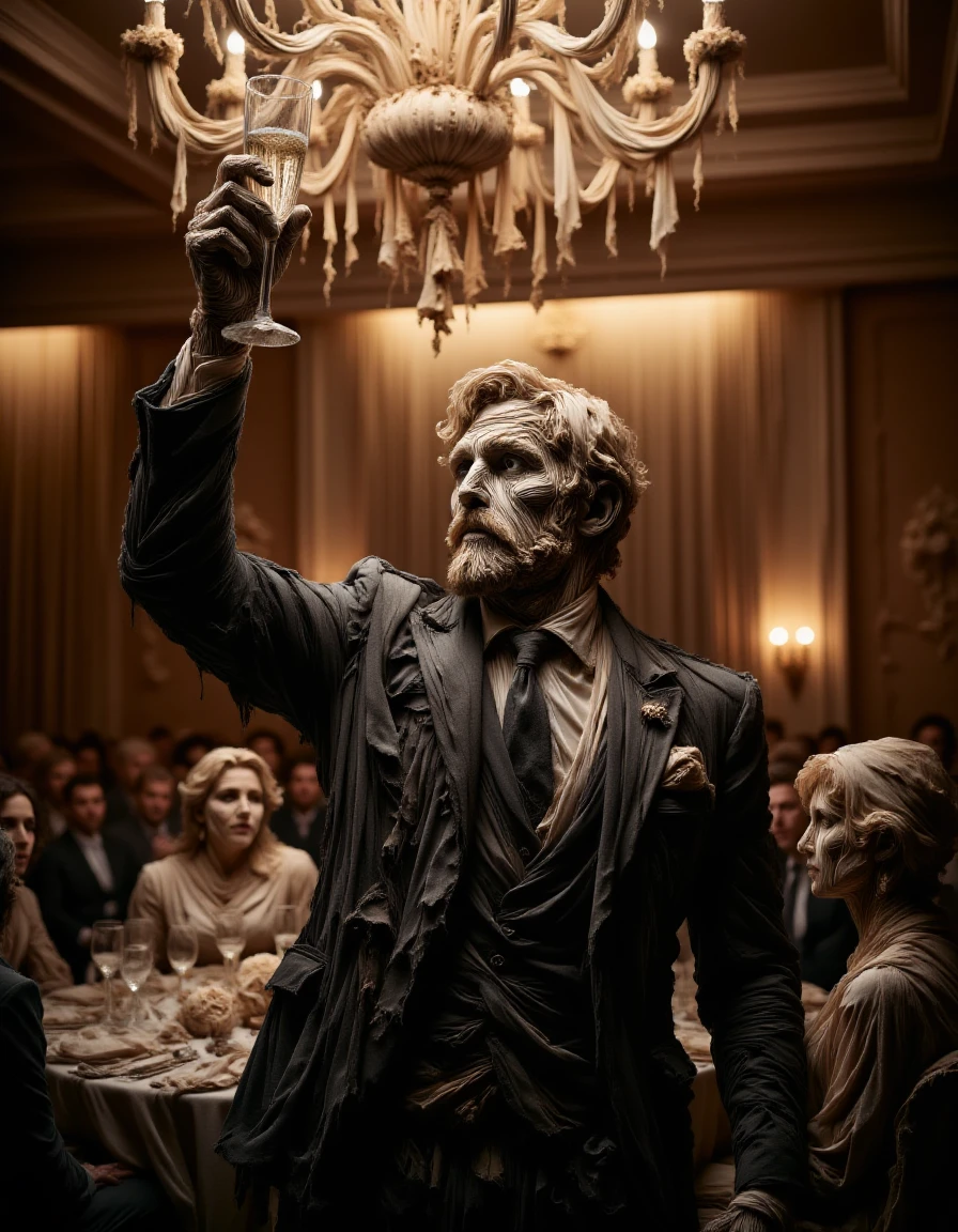 A man in a black suit raises a glass of champagne at an extravagant wedding reception, his face filled with pride and confidence. The chandelier above him sparkles, casting reflections over the lively crowd, unaware of the darker dealings behind the celebration.
<lora:Shadowy_Linens:1.0>