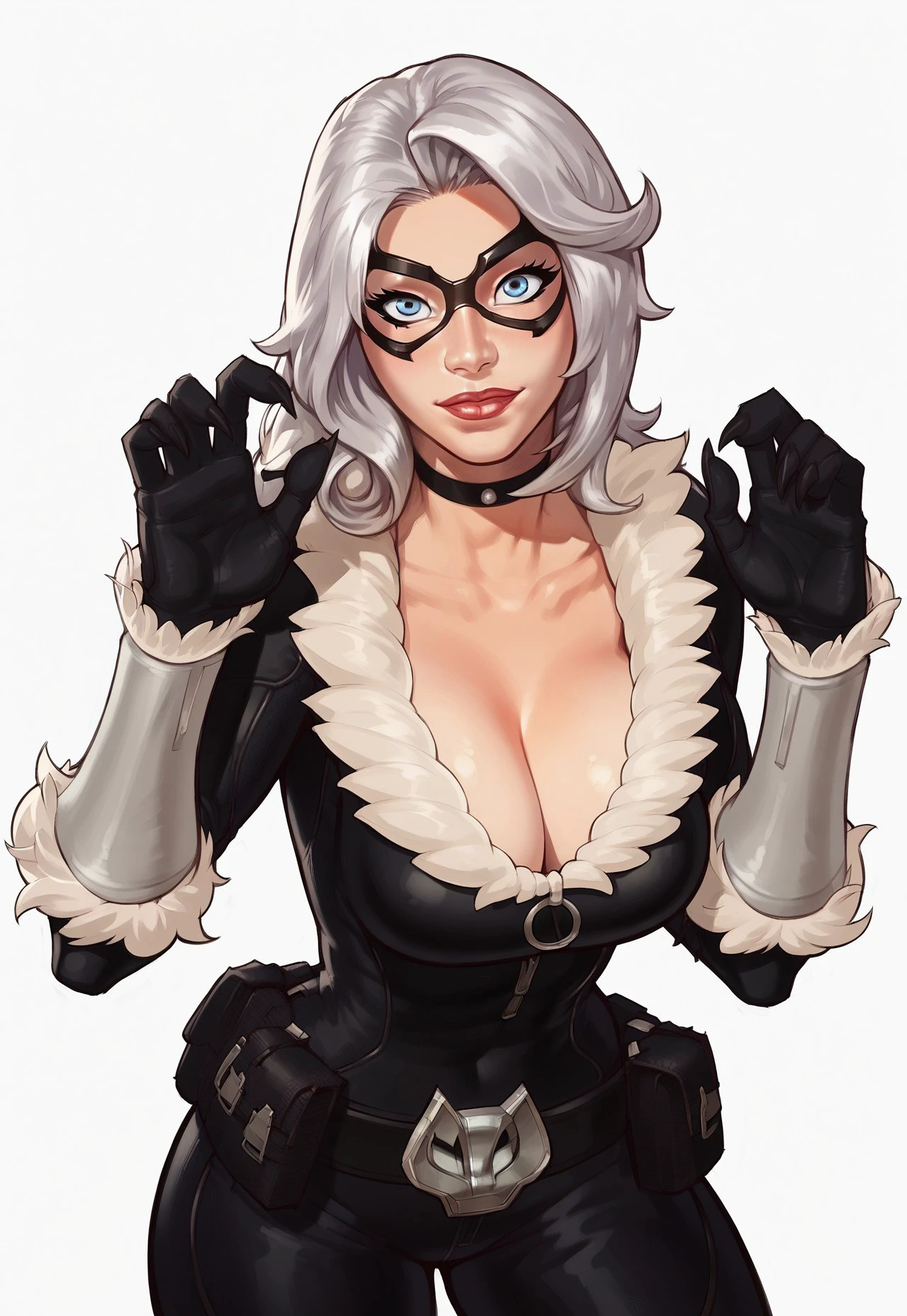 safe_pos, score_9, score_8_up, score_7_up, score_6_up, score_5_up, score_4_up, blackcat, silver hair, lipstick, blue eyes, domino mask, mask, chocker, black bodysuit, cowboy shot:1.2, latex, fur trim, breasts, white background, looking at viewer, large breasts, gloves, claws, belt,cleavage,center opening