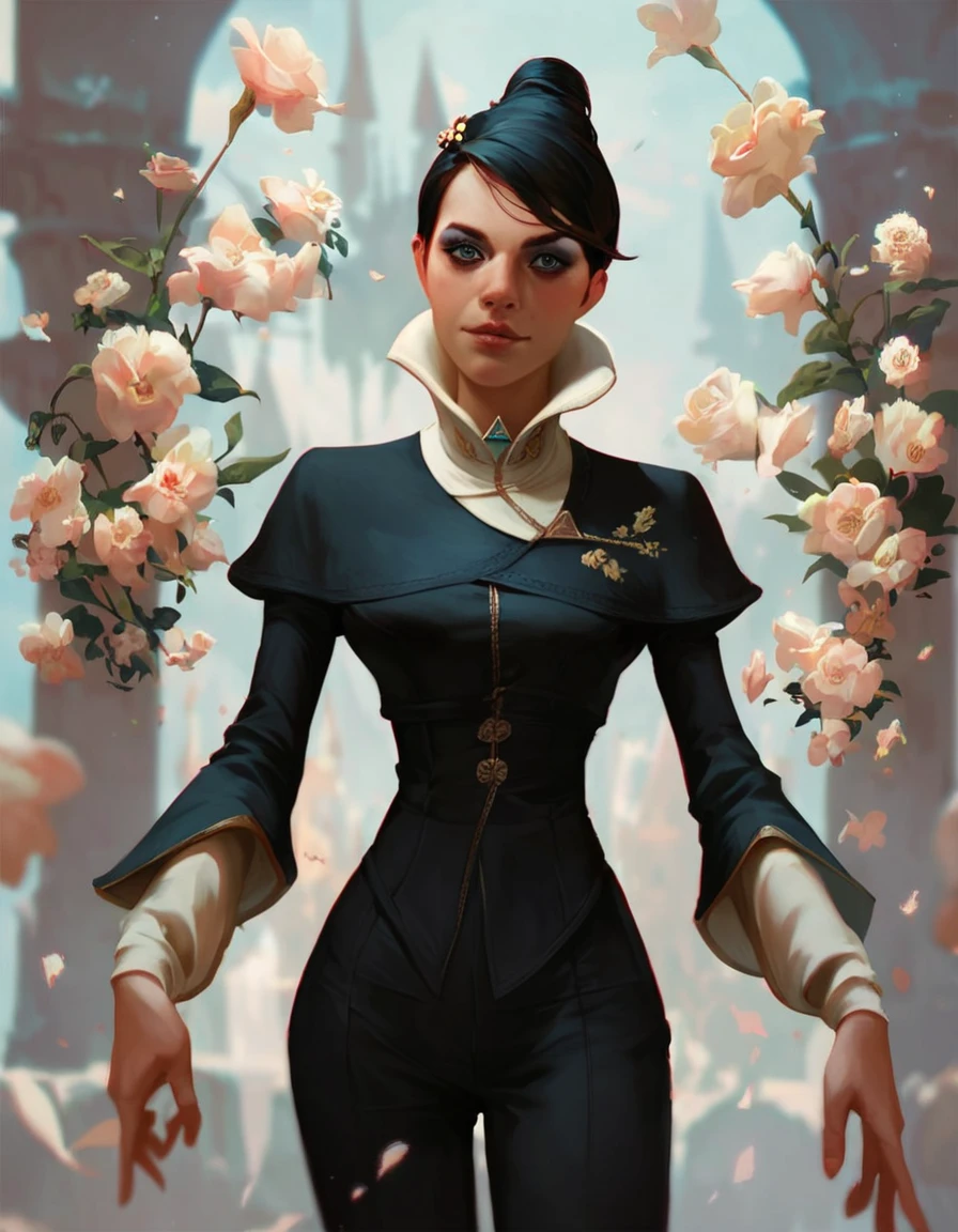 <lora:dishonored_xr_jessamine_v1.0b:1> score_9, score_8_up, score_7_up, jessamine, a woman in a black suit with a white collar, holds a flower in a castle, makeup, hair bun, long hair, narrow waist, looks at the viewer, dynamic ankle, cowboy shot, dynamic pose, cute, wide frame, realistic,