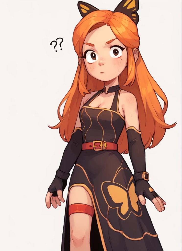 score_9, score_8_up, score_7_up,   1  girl  , bpiper  , orange hair, long hair,  butterfly hair ornament, cleavage , black sleeveless dress,long dress,  pelvic curtain, red thigh strap,  belt ,  black elbow gloves, fingerless gloves  <lora:bpiper-000004:1> <lora:PossumMachine:1>posmach  , confused, ??? ,looking at viewer, simple background,