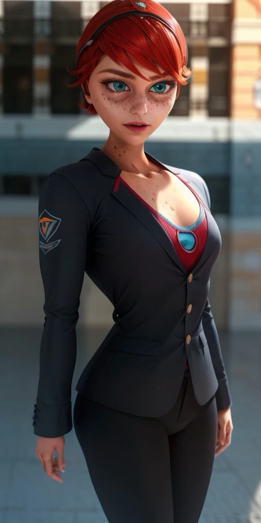 Hyperrealistic, photorealistic, super detailed, (long-sleeved blazer), trousers, expressive brilliant turquoise eyes, short red hair, body like in real life, several freckles on face, large pores, peach skin, slender, beautiful arms, very little very flat breasts, unreal engine, octane render, droped shadow, bokeh, cinematic lighting, <lora:add_detail:0.5>, <lora:Volumetric_lighting:0.6>, Ondine, <lora:4507115e-c874-4ac1-a882-1dcdf4e235ab:0.7>