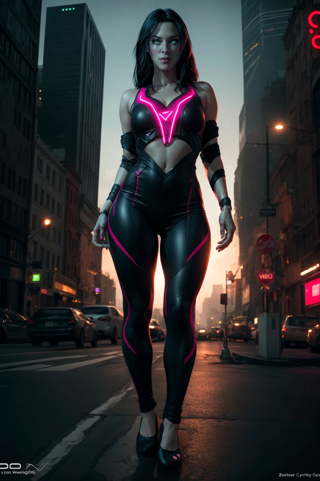 Full body, realistic, masterpiece, Shelob Woman as demicarion Jack, sunny, purity, fashion icon, (wearing futuristic cyber clothes, cyber neon pants, neon cyber shirt), cyber implant, Location (Planet Kux lumino), neon glowing eyes, (cyberwear:1.43), cyberpunk, Concept portrait render, Maya rendered by Dustin blanche WLOP illustrated by Jelco andy warhol, complementary edition, highly detailed, trending on artstation, 4k, photorealistic, 35mm, matte painting, neon and nyc sunset, dramatic, epiCRealism, ziprealism, , <lora:Shelobeightrealistic:0.8>,<lora:add_detail:1>