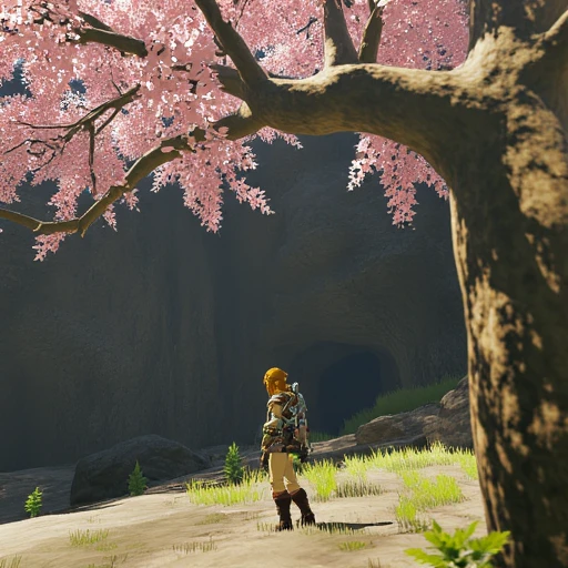 textured bark and branches adorned with delicate pink cherry blossoms stands to the right. A character with long, with a determined expression, breastplate, rocky formations that create a sense of depth and scale. The cave walls and ceiling are a deep, dynamic painting in a stylized, CGI-rendered scene from the video game "The Legend of Zelda: Breath of the Wild." The scene depicts a dramatic confrontation between Link, giving it a verdant, anime-inspired scene. In the foreground, leafy plants