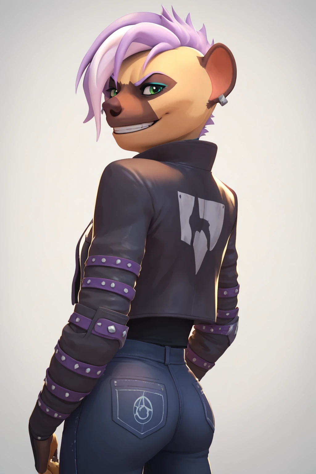 score_9, score_8_up, score_7_up, close up, smiling deviously mouth open, rear view, looking at viewer, smirk, anthro, furry, Hyena, multicolored hair, lilac hair, green eyes, cropped jacket, black jacket, pants, dark brown fur on the outside of her ears, standing, ((rock signs)), white background <lora:Vyxx_Rimba_Racer_PonyXL:1>