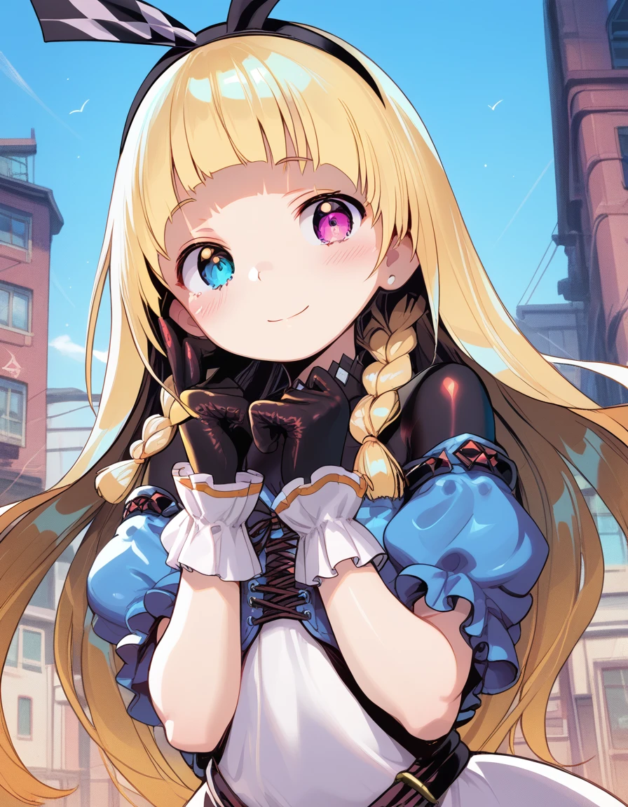 alyce_(dohna_dohna), blonde hair, long hair, pink eyes,blue eyes,heterochromia,twin braids, blunt bangs, side braids,
black hairband, bodysuit under clothes, black bodysuit, frilled dress, black gloves, argyle clothes, blue dress, white dress, watch, pocket watch, black footwear, frills, argyle legwear, pantyhose,two-tone dress, shoes, cross-laced dress, purple eyes, puffy sleeves, short sleeves, long sleeves, ribbon
 <lora:alyce_(dohna_dohna)_pony_v1:1>
standing, (dynamic pose) ,
closed mouth, blush,light smile
looking at viewer,(upper body,close-up,:1.3),
outdoors,, score_9, score_8_up, score_7_up, best quapoty, highres, absurdres, source_anime, zPDXL2, 1girl,