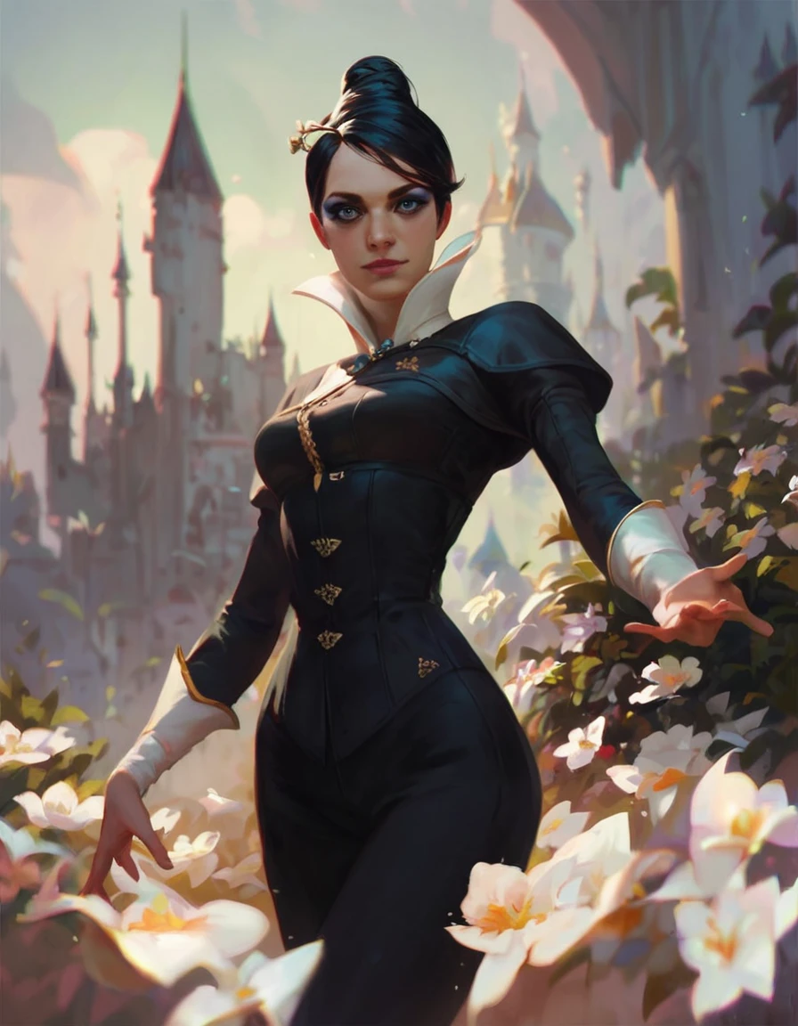 <lora:dishonored_xr_jessamine_v1.0b:0.85> score_9, score_8_up, score_7_up, jessamine, a woman in a black suit with a white collar, holds a flower in a castle, makeup, hair bun, long hair, narrow waist, looks at the viewer, dynamic ankle, cowboy shot, dynamic pose, cute, wide frame, realistic,