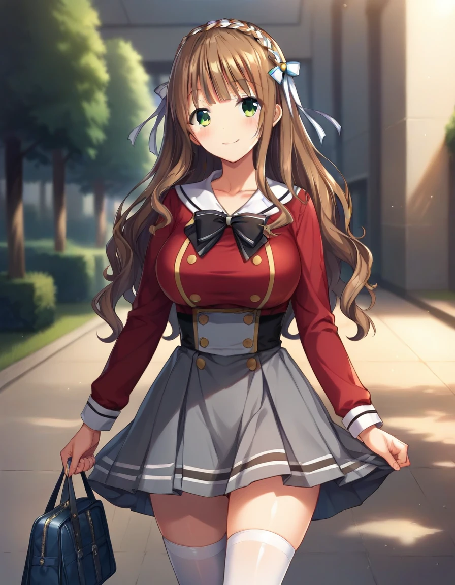 score_9,score_8_up,score_7_up,score_6_up BREAK official art,solo,outdoors,cowboy shot,looking at viewer,facing viewer,smile,blush,Azuma Suzuna,long hair,brown hair,wavy hair,crown braid,hair ribbon,white ribbon,hair bow,white bow,sidelocks,blunt bangs,green eyes,school uniform,collarbone,white sailor collar,black bowtie,red shirt,large breasts,long sleeves,double-breasted,high-waist skirt,grey skirt,pleated skirt,zettai ryouiki,white thighhighs,loafers,<lora:Azuma Suzuna(sdg2)-Pony:1.1>,