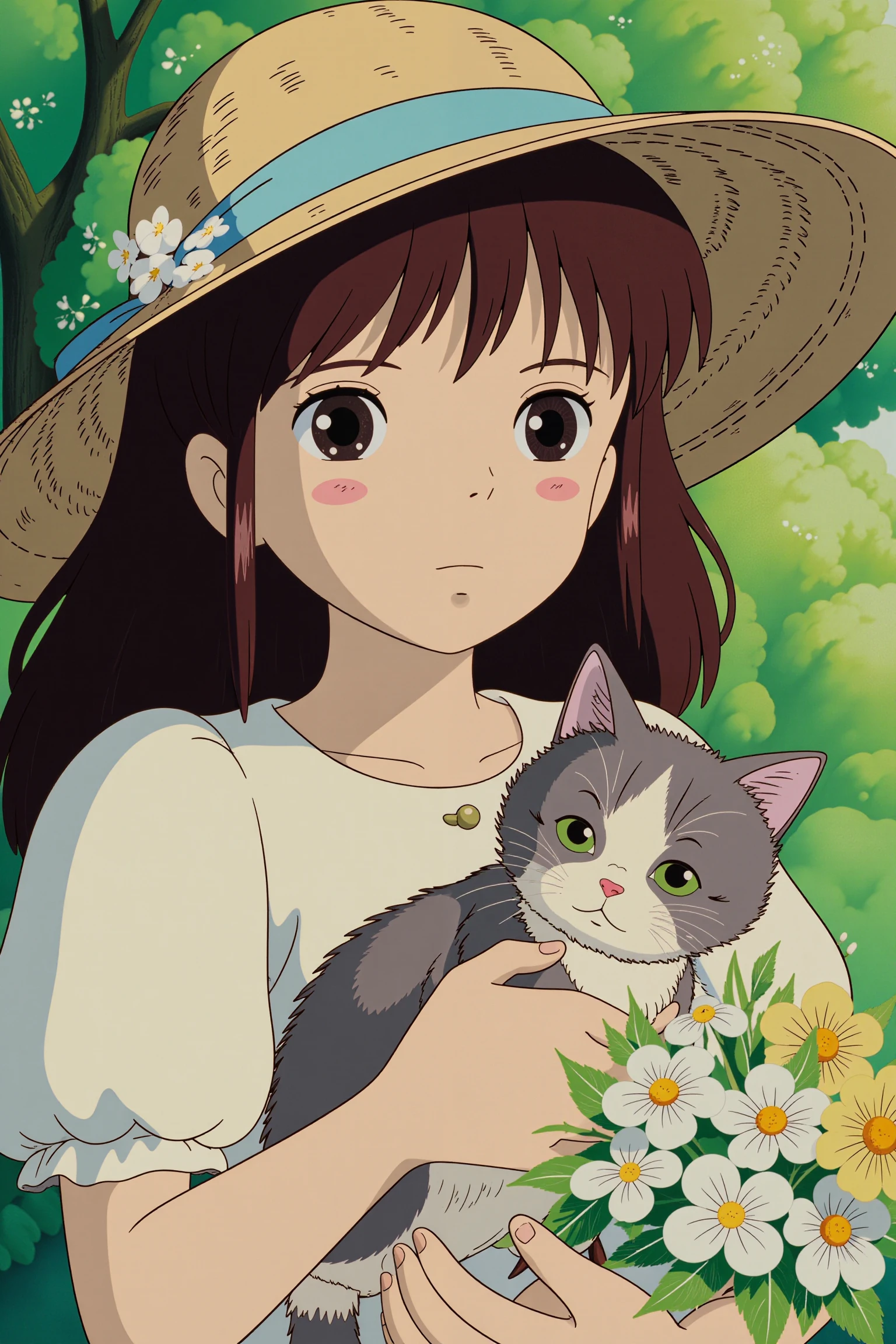 ghibli,This image is a beautifully illustrated portrait of a young girl exuding a serene and gentle aura. She has long, dark hair adorned with small white flowers and leaves, adding a delicate and natural touch to her appearance. Her large, expressive eyes are warm and inviting, and her cheeks are slightly flushed with a soft blush, enhancing her youthful charm.
She is wearing a wide-brimmed straw hat with a light blue ribbon tied around it, which adds a summery feel to the scene. Her outfit is a simple yet elegant white blouse, giving off a fresh and innocent vibe.
In her arms, she holds a fluffy, gray and white kitten that looks equally serene and content. The kitten's green eyes match the girl's, creating a harmonious connection between them. She is also holding a bouquet of flowers in soft pastel colors, including shades of yellow, white, and light blue, which complement the overall gentle and tranquil mood of the image.
The background is a blurred mix of greenery and dappled sunlight, suggesting that they are in a garden or a natural setting. The overall composition is warm and peaceful, capturing a moment of quiet beauty and the simple joys of nature and companionship.