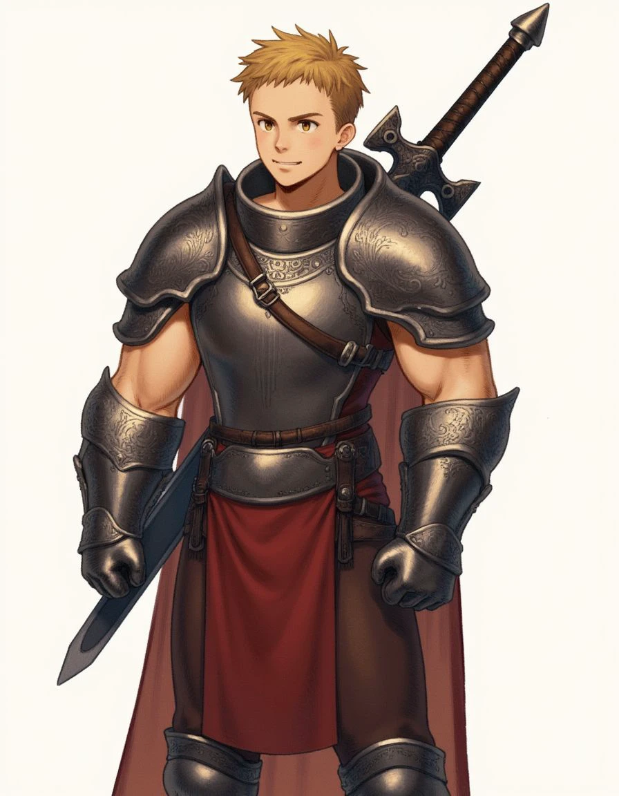 A muscular boy with short, sandy blond hair and a strong jawline. He wears heavy armor and carries a large sword on his back, his posture always ready for battle.
<lora:Fabula_Ultima Character_Art_Style_epoch_7:0.9>,