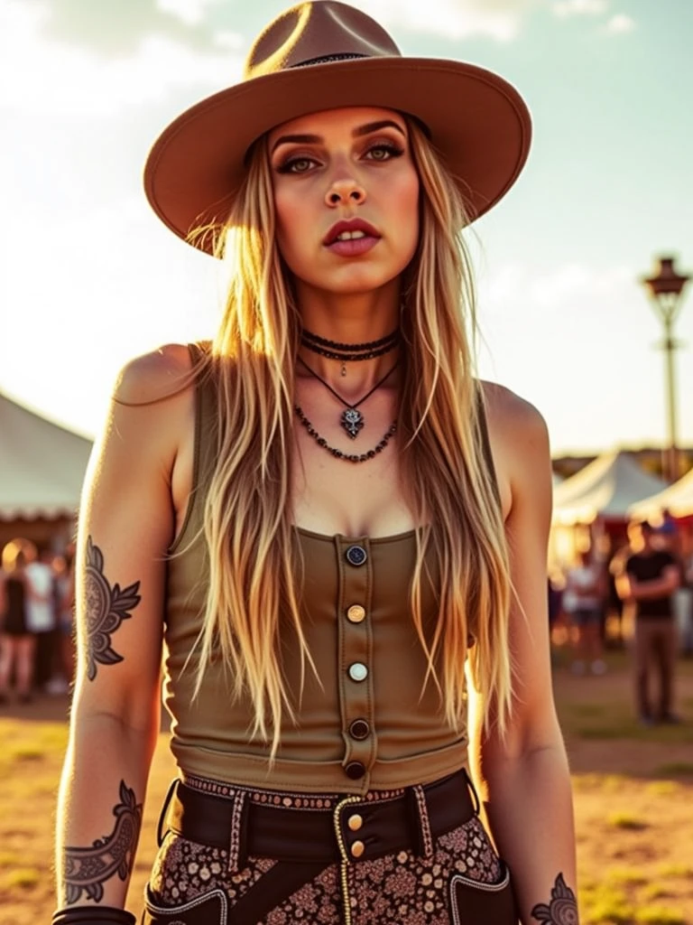 zzw,  cinematic,  full body shot,  ZZ Ward, wearing a lovely hipster rocker outfit, in an outdoors music festival,  photorealistic, real photography, 8k, hd,  <lora:zz-ward:1.1>