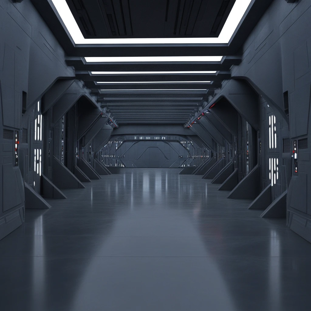 Star Destroyer Interior with a long hallway with a large open door on the right side.