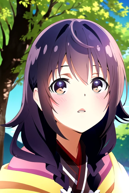 masterpiece,hires,4k,8k,hdr,Sayo,1girl,solo,long hair,looking at viewer,blush,open mouth,bangs,brown eyes,purple hair,braid,outdoors,parted lips,japanese clothes,kimono,twin braids,tree,looking up,portrait,<lora:Sayo_Lora:1>,