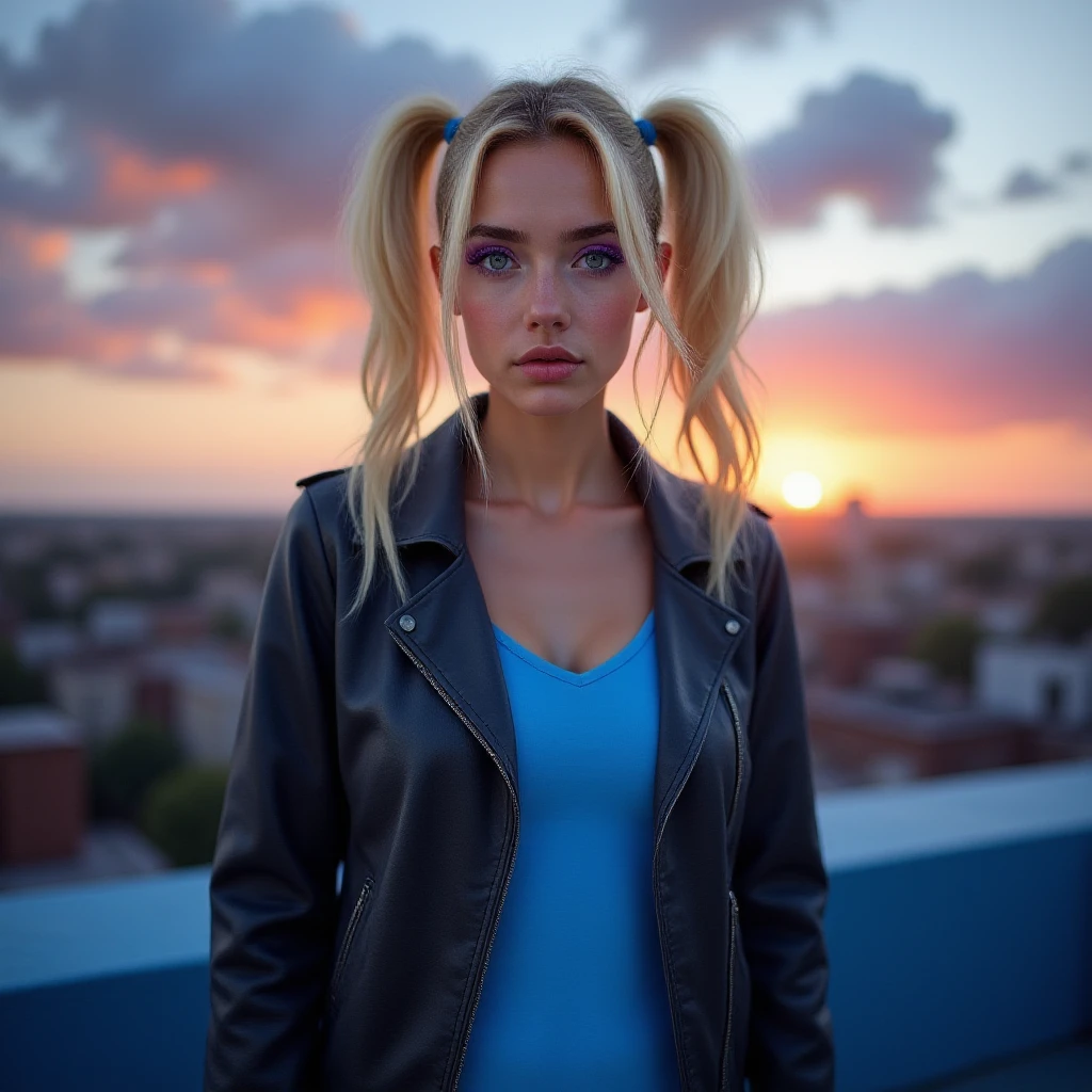 <lora:PPGBubblesV4m:1>, raw photo of ohwx woman with pale blonde pigtails and large bright blue eyes, standing on a city rooftop with the skyline of a town silhouetted against a glowing orange and pink sunset wearing a form fitting leather jacket over a blue dress