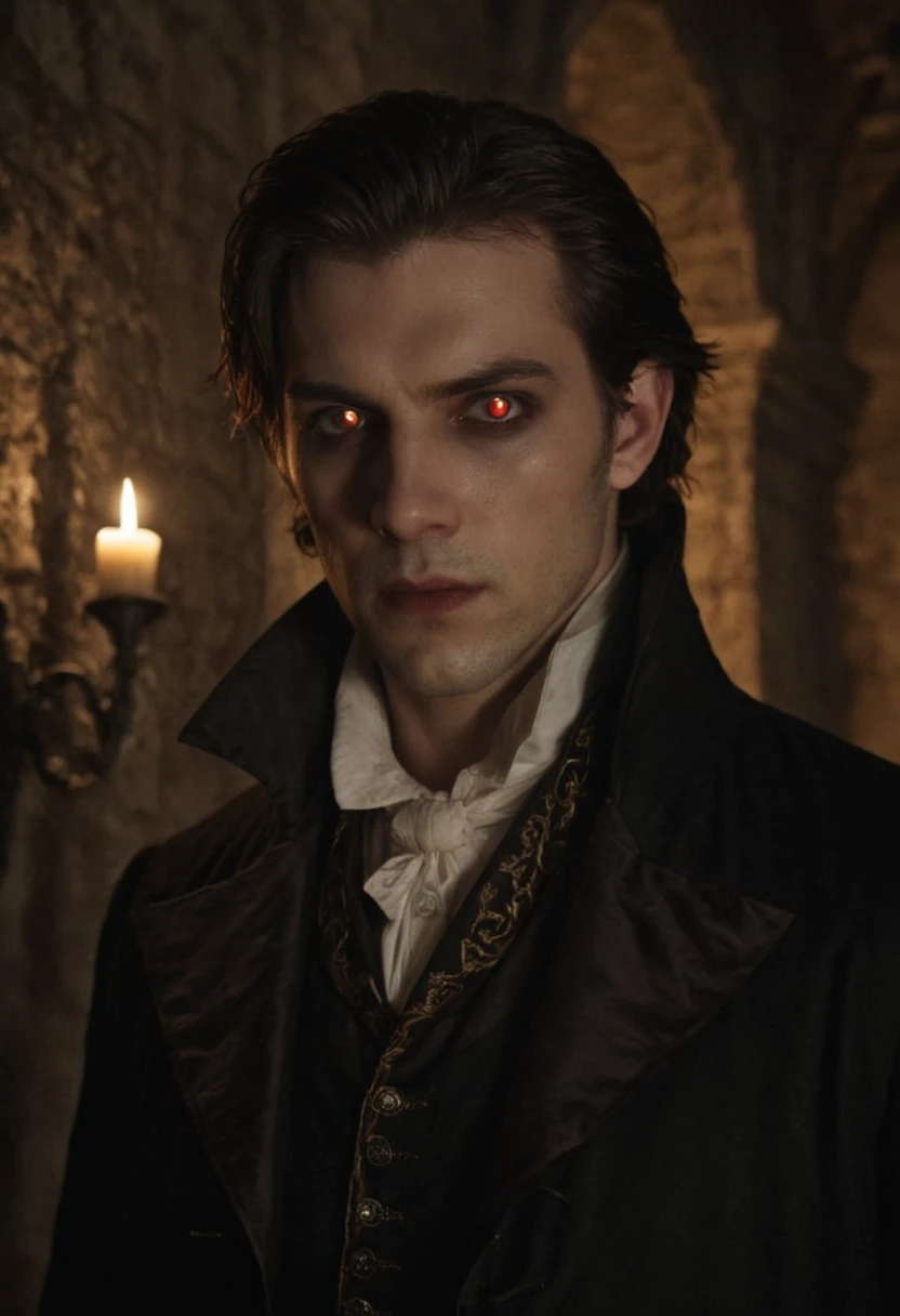 cinematic film still (face ultra close-up:1.3) of a young vampire aristocrat man with (tapetum:1.3), his face fills the entire frame, warm candle light, dramatic shadows, standing in a dark castle hallway, creepy atmosphere of gothic horror films  <lora:tapetum_sdxl-000011:1.25>