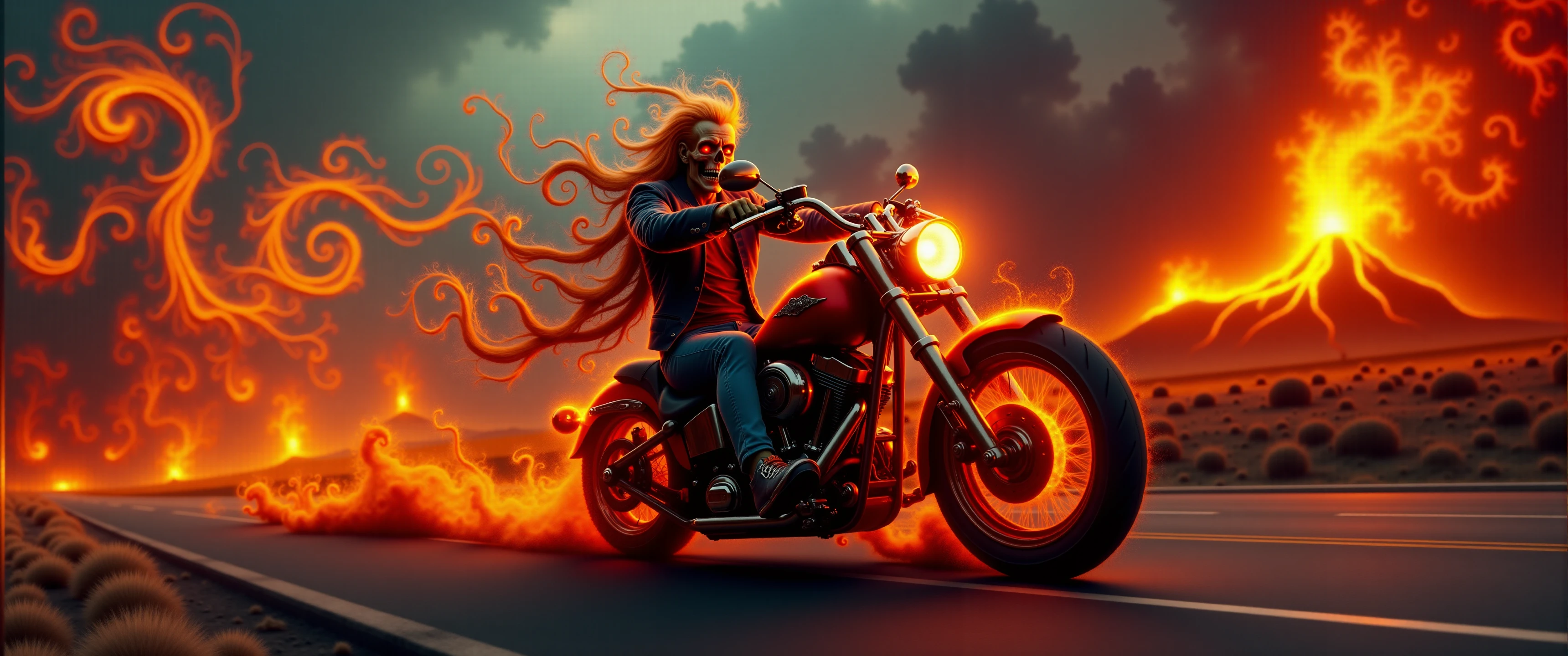 laughing skeleton in biker clothingon a harley speeding on the  highway to hell, long trail of  mad-frfrtcls , volcanos erupting in the background <lora:fire-fractals-flux:0.9>