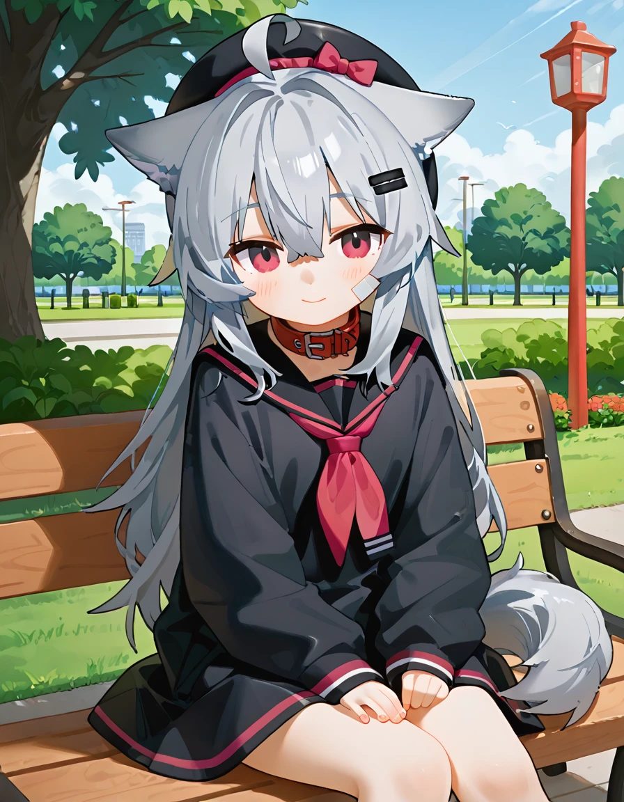 1girl, ooriru, white bandaid, bandaid on cheek, hairclip, black beret, animal collar, black serafuku, soft smile, looking at viewer,  cowboy shot, sitting,  park, bench  <lora:ooriru-pdxl-v4:0.7>