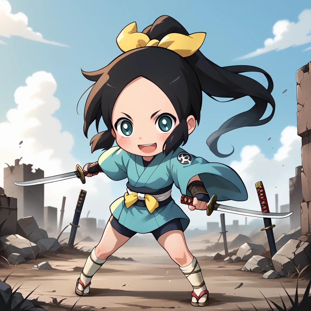 score_9, score_8_up, score_7_up, 1girl, solo, uncensored, shinobichidori, 1girl, solo, smile, looking at viewer, open mouth, holding katana, dual wielding, fighting stance,  chibi, black hair, yellow ribbon, ponytail, teal kimono, white socks, white obi, sandals, outdoors, battlefield, wasteland, ruins, field <lora:ShinobiChidoriXL_v1.0:1>