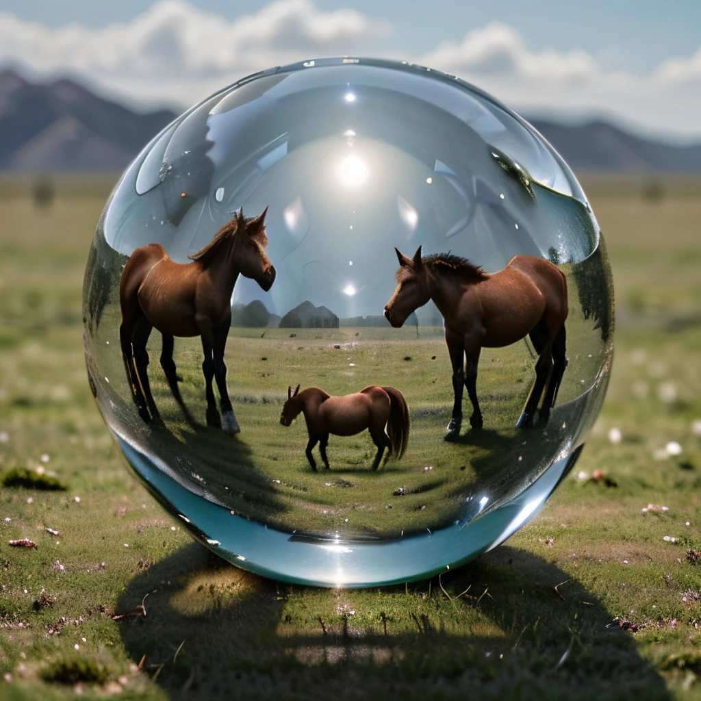 masterpiece, best quality, intricate photo, make a photo through glass sphere and see wild horses in the wild west, glass ball lying in the green grass, glass ball photography, hyper realistic, highly detailed, sharp focus, high resolution, 8K, <lora:GlassSphere_v11:0.5>