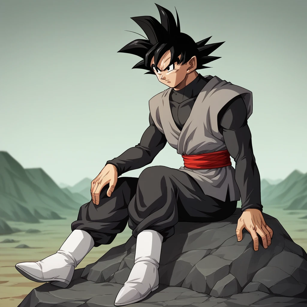 score_9_up, score_8_up, BREAK, GokuBlack, BaseForm, 1boy, solo, black hair, spiked hair, black eyes, long sleeves,  black pants, white footwear, sitting on rock,  <lora:GokuBlack_PXL_Leaf1:1>,