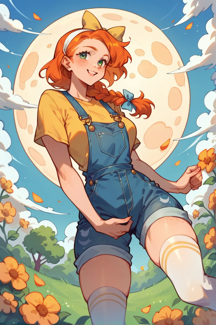 <lora:ann:1.3> Ann, Harvest Moon, fair skin, freckles,(orange hair:1.5),braid, (white hair bow:1.2), yellow t shirt, denim overalls,1girl,solo,thigh high socks,<lora:more_details:1>  <lora:Smooth Anime Style LoRA XL:1>, score_9, score_8_up, score_7_up,