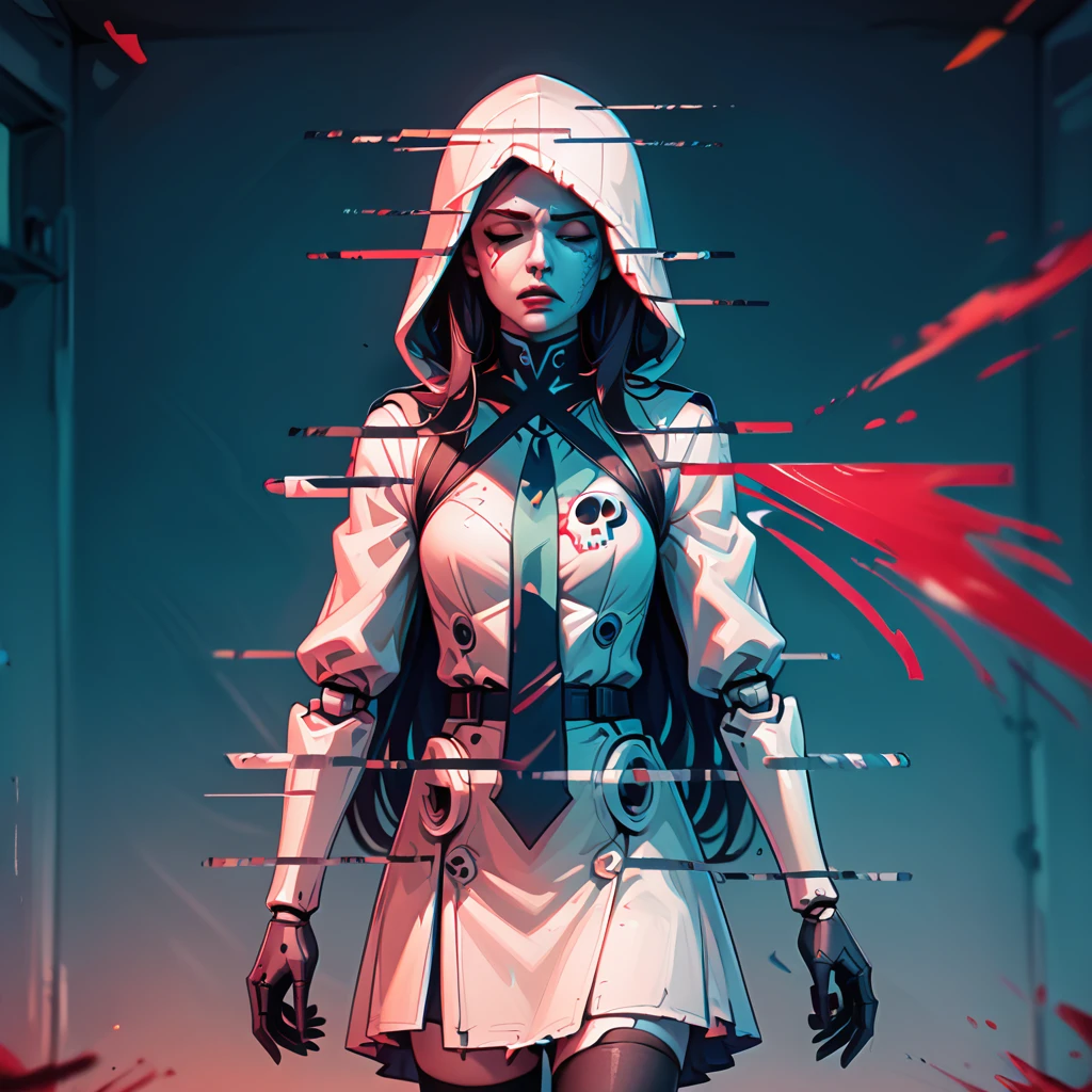 d1splaygl1tchl1nes, DisplayGlitchLines, Display Glitch Lines, piercing, parody, hood up, jewelry, skull, joints, makeup, halterneck, blood splatter, lamp, hat, long hair, blue necktie, blurry, android, closed eyes, black gloves, scrunchie, dress, hood, thighhighs, 3girls