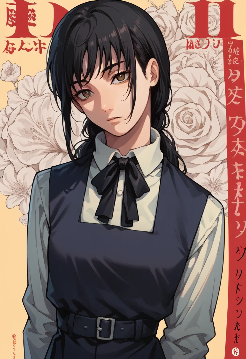 score_9, score_9_up, score_8_up, poster, <lora:Poster:1>, manga cover, emotionless, <lora:YoruAsa_Chainsaw_man:0.7>, 1girl, aged_up, looking at viewer, asa_mitaka, black hair, black pinafore dress, brown eyes