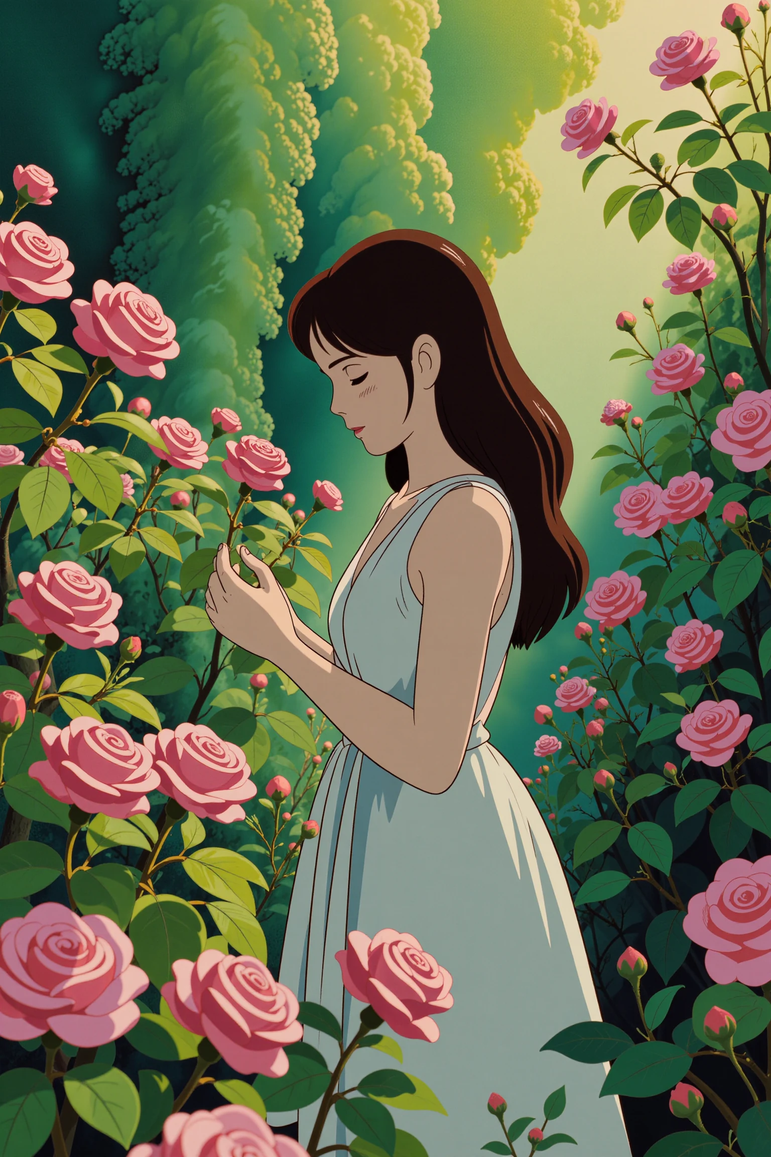 ghibli,The image depicts a serene and ethereal scene of a young woman standing amidst a lush garden of blooming roses. She is dressed in a light, sleeveless white dress, which complements the delicate ambiance. Her wavy hair cascades gently around her face as she looks down, tenderly holding a pink rose. The soft focus on the flowers in the foreground and background creates a dreamy, almost magical atmosphere, with the warm sunlight filtering through the foliage, casting a gentle glow on the entire scene. The overall mood is one of tranquility and natural beauty.