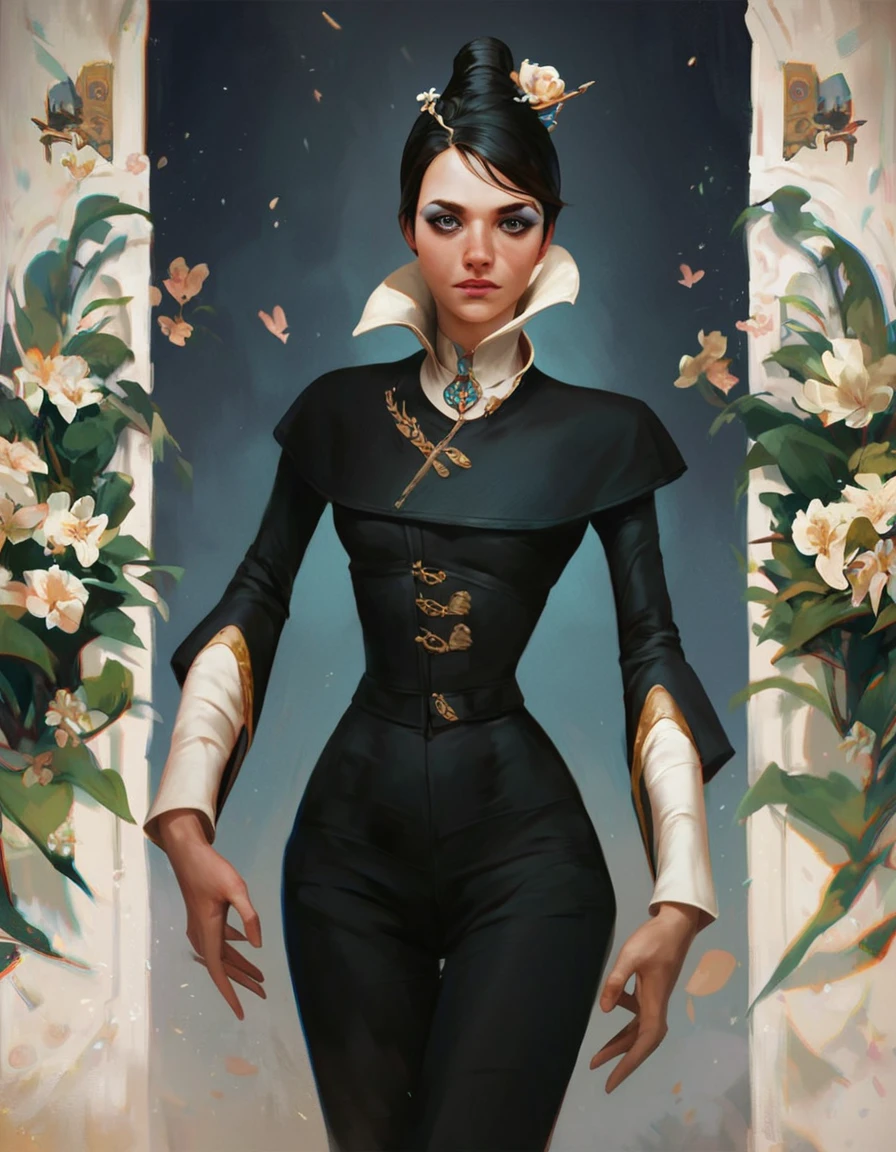 <lora:dishonored_xr_jessamine_v1.0b:0.95> score_9, score_8_up, score_7_up, jessamine, a woman in a black suit with a white collar, holds a flower in a castle, makeup, hair bun, long hair, narrow waist, looks at the viewer, dynamic ankle, cowboy shot, dynamic pose, cute, wide frame, realistic, poster