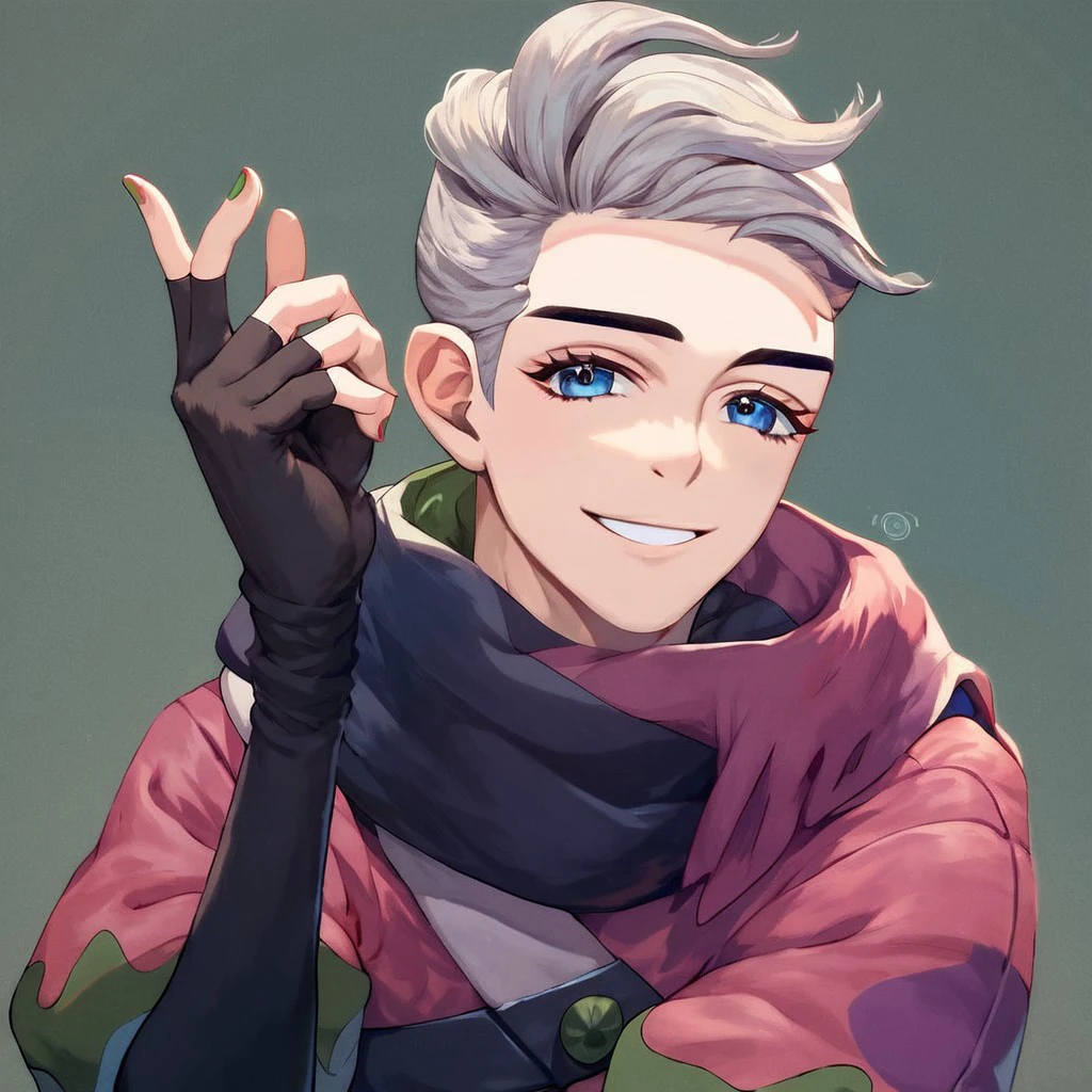 (masterpiece), score_9, score_8_up, score_7_up, score_6_up, score_5_up, score_4_up, 1boy, solo, Atticus, grey hair, blue eyes, painted nails, ninja costume (no mask), smile, looking at viewer, soft smile, greenhill background