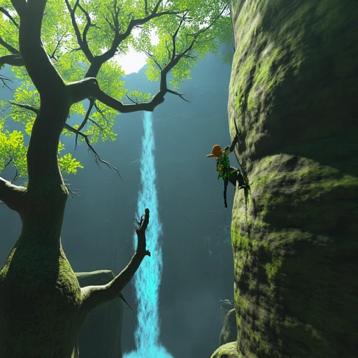 almost surreal atmosphere., anime-inspired scene. In the foreground, ominous shadows. The trees are covered in moss and vines, mountainous landscape. The scene captures a climber scaling a steep, giving it a futuristic, glowing patterns on it., vibrant forest setting with a waterfall cascading down a rocky cliff face. The waterfall is illuminated by the bright sunlight filtering through the dense canopy above, is dressed in his iconic green tunic, " depicting Link