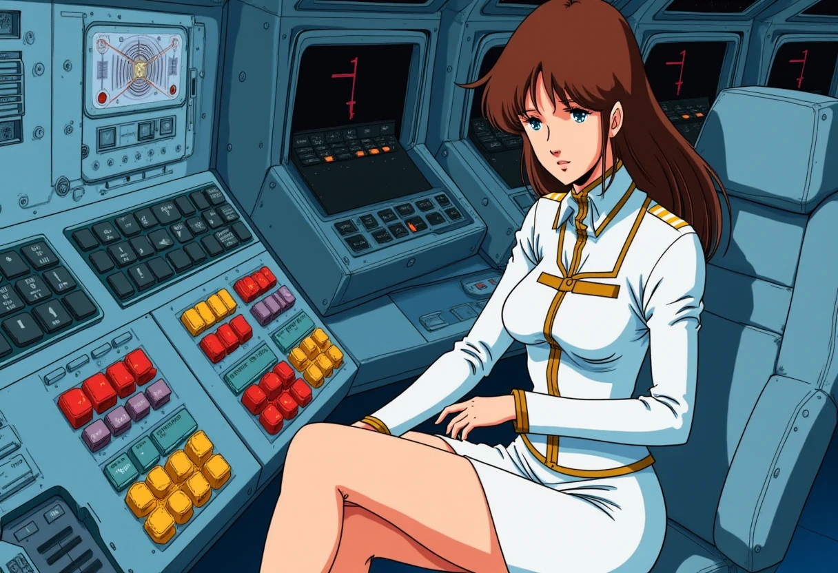 Anime style, sharp, high contrast and highly detailed. Ghibli anime style. Perfect anatomy. Perfect body ratio. No oversized head. No blurry, out of focus pictures. No simple background, no single color background.
She is wearing a white military uniform, white pencil skirt. She is sitting in front of a spaceship control panel with large colorful buttons, deeply engaged in piloting the ship.
Wide angle, full body.
 <lora:Misa Hayase - (Flux)_epoch_5:1>, hayase_misa