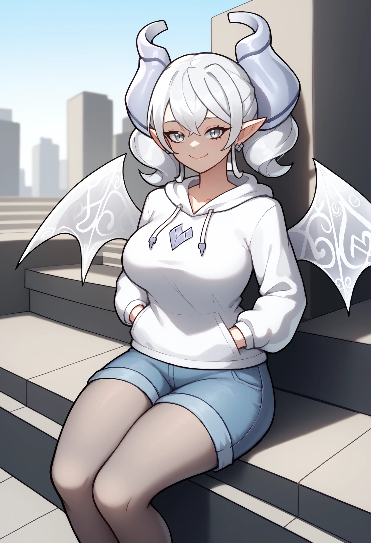 score_9, score_8_up, score_7_up, <break> solo, 1girl, l0velylabyr1nth, demon wings, low wings, transparent wings, multiple wings, smile, closed mouth, looking at you, sitting, stairs, hands in pockets, white hair, twintails, pointy ears, white horns, demon horns, grey eyes, white hoodie, blue shorts, denim shorts, black pantyhose, large breasts, outdoors, city
<segment:yolo-face_yolov8m.pt,0.4,0.5//cid=1>