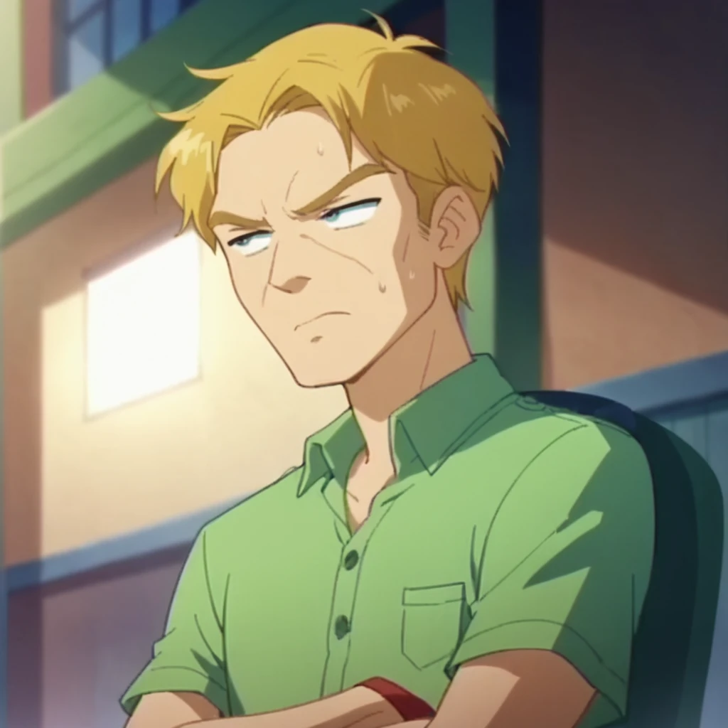 score_9, score_8_up, score_7_up, score_6_up, anime_screencap, flat_colors, film grain, (framed) (framed) 1boy, solo, annoyed
