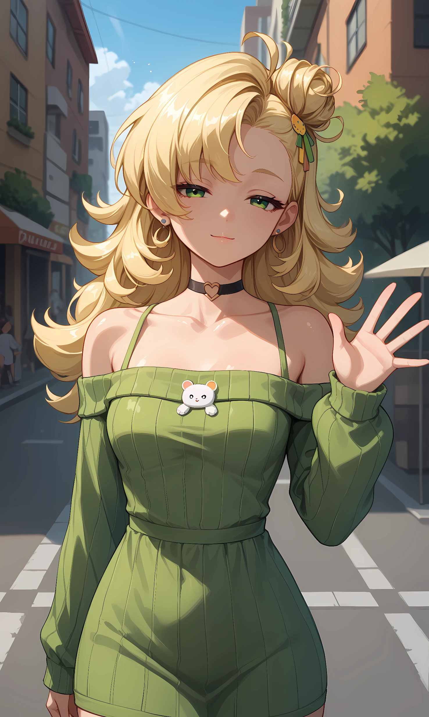 score_9, score_8_up, score_7_up, source_anime, 1girl, solo, outdoors, street, cowboy shot, standing, looking at viewer, shiny skin, piper, green eyes, blonde hair, long hair, hair ornament, earrings, jewelry, choker, ribbed sweater, off shoulder, long sleeves, sweater dress, closed mouth, collarbone, half-closed eyes, waving