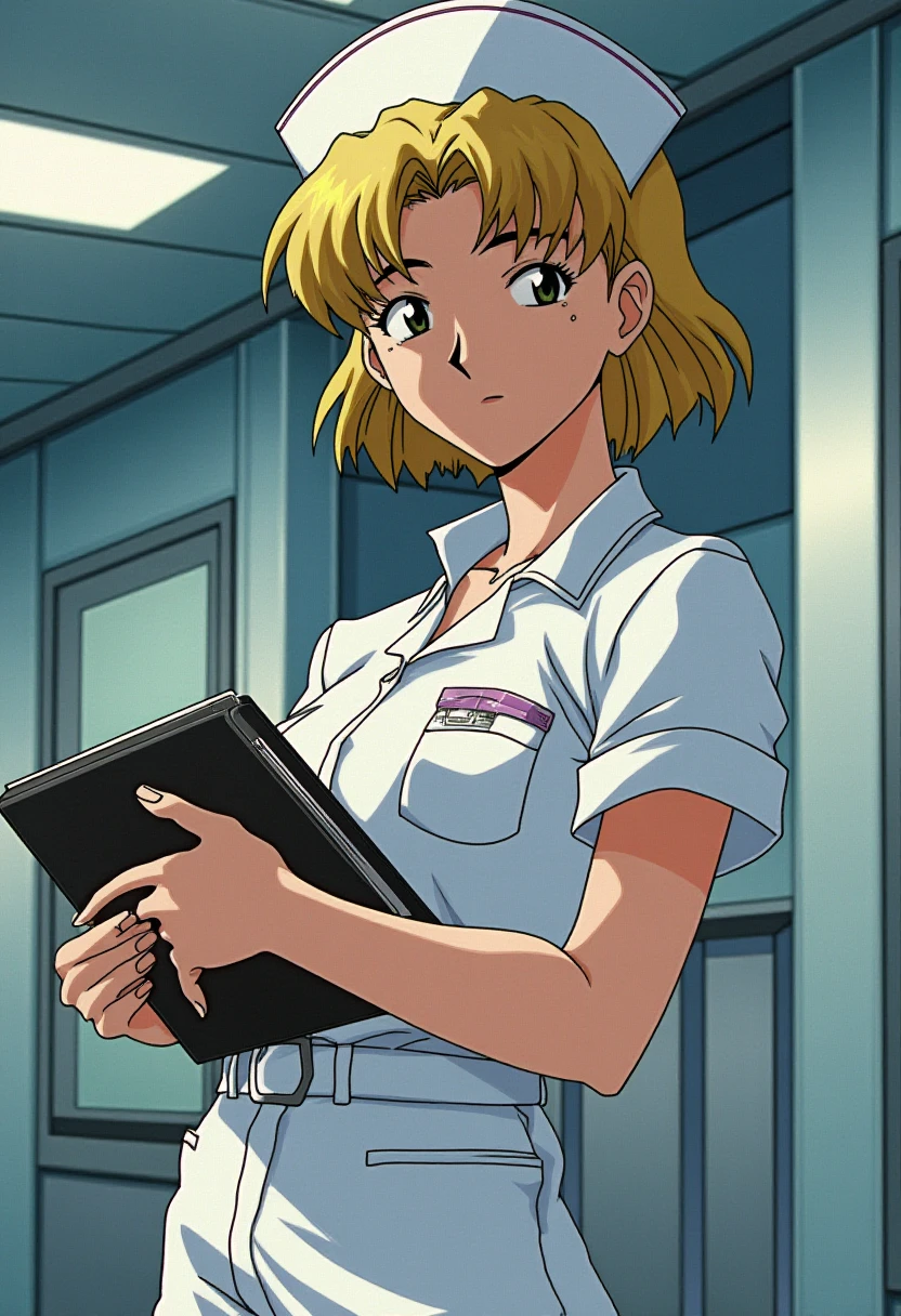 Anime style, sharp, high contrast and highly detailed. Ghibli anime style. Perfect anatomy. Perfect body ratio. No oversized head. No blurry, out of focus pictures. No simple background, no single color background.
A nurse is standing inside a ward. She is holding a folder. She wears a nurse uniform and nurse cap with matching colors.
Full body, wide angle.
 <lora:Nurse_Uniform_-_Anime_Flux-000003:1> 
 <lora:Ritsuko_Akagi_-_Flux_prototype:0.9> ritsuko akagi, blonde,