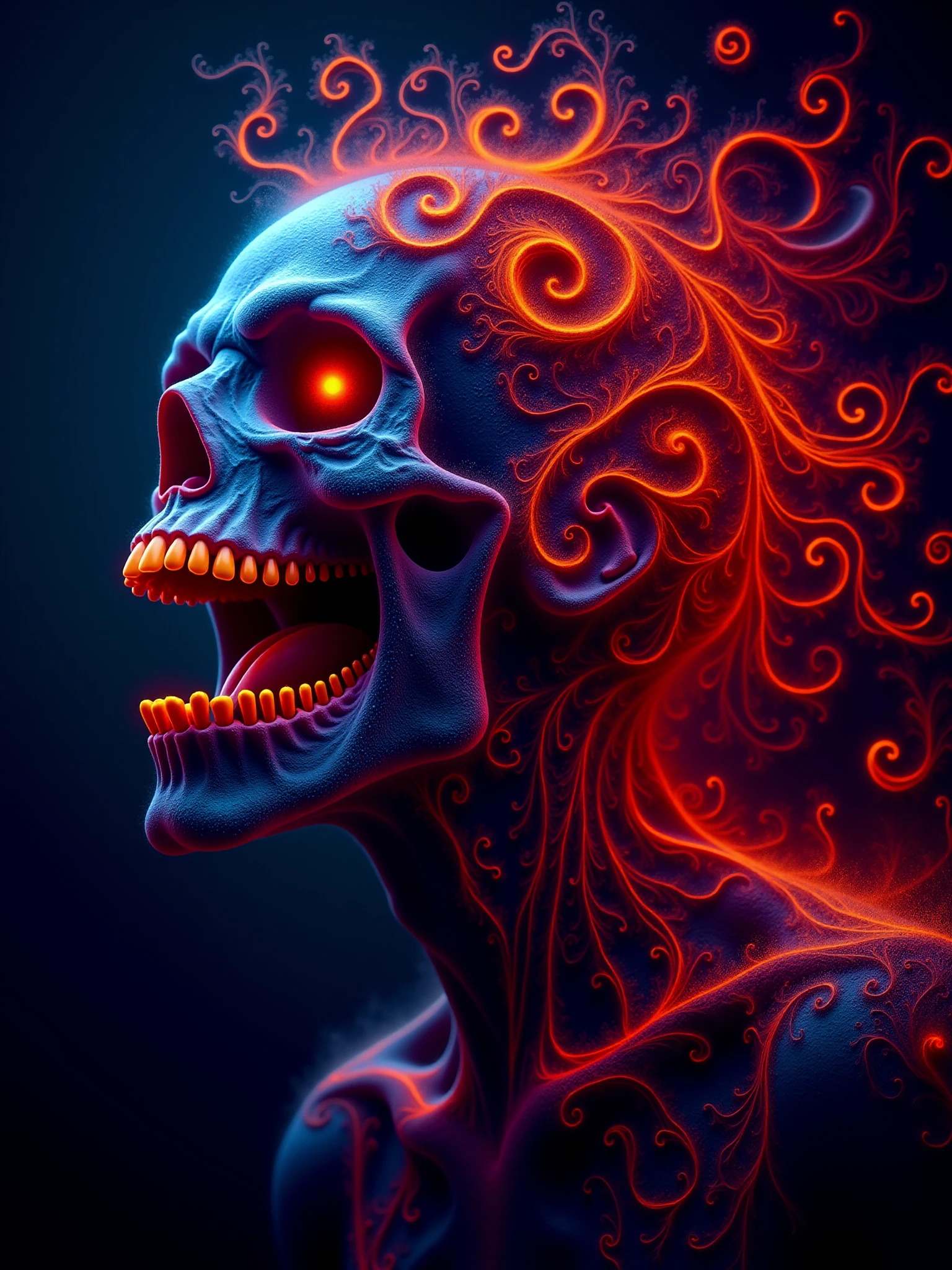 laughing skull with hair made of mad-frfrtcls, dark dungeon <lora:fire-fractals-flux:0.9>, neon