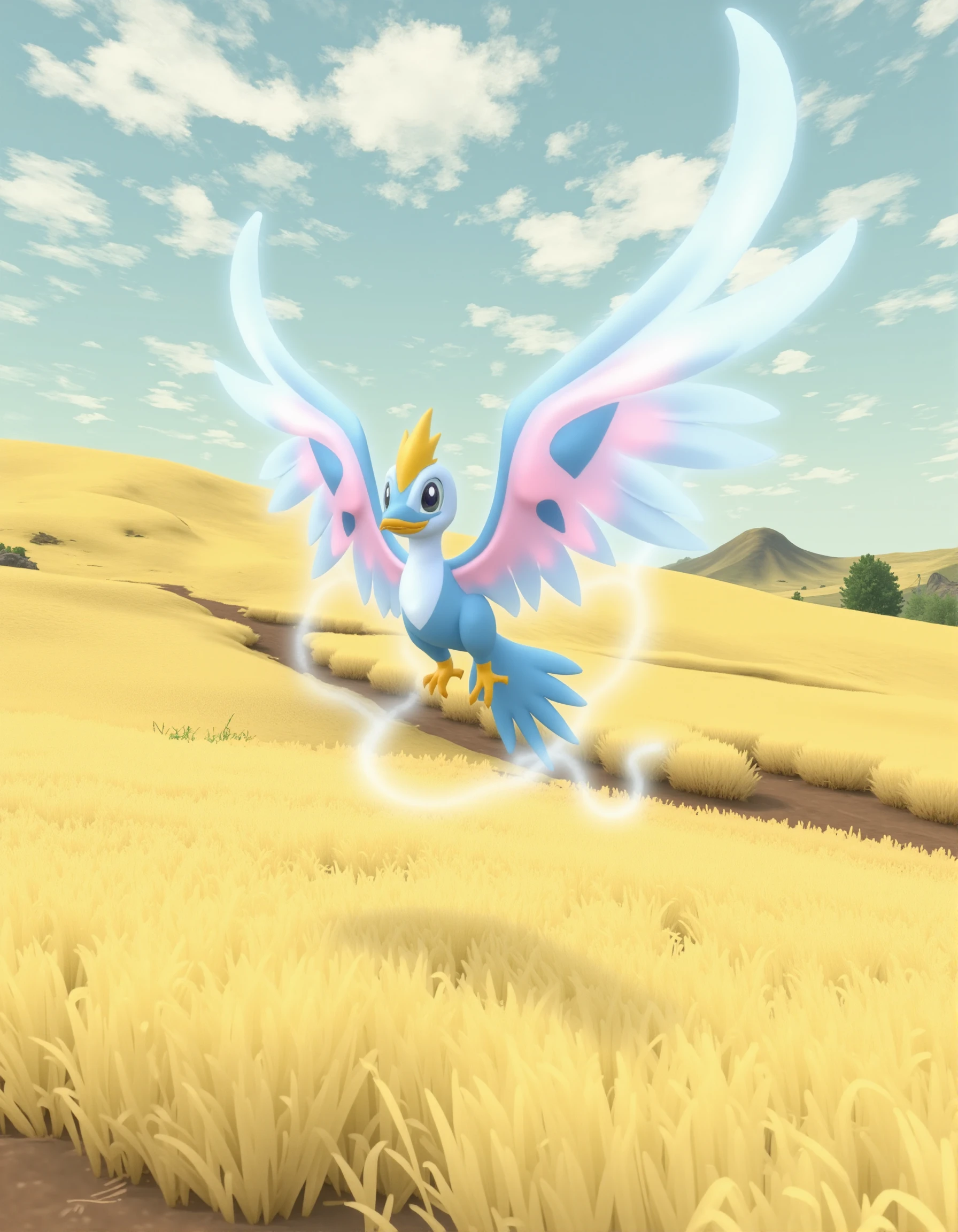 <lora:AntiBlur:3>, <lora:PokÃ©mon Legends Arceus:1>, Hisui
Zephyros: A digital image featuring a stylized, cartoon-like representation of Zephyros, a flying/psychic-type PokÃ©mon species. Zephyros is depicted gracefully soaring through the air above a peaceful, golden savanna. The wind bends the tall grasses below as it flies, leaving shimmering trails of light in its wake. Its body is slender and bird-like, with long, flowing wings made of translucent, glowing light. Zephyrosâ feathers are iridescent, shifting between soft blues, pinks, and whites as it moves. Its large, almond-shaped eyes radiate calm and wisdom, and a faint aura of swirling air and energy surrounds it. The overall atmosphere is calm and otherworldly, with the soft, warm colors of the savanna providing a peaceful backdrop to Zephyrosâ ethereal presence.