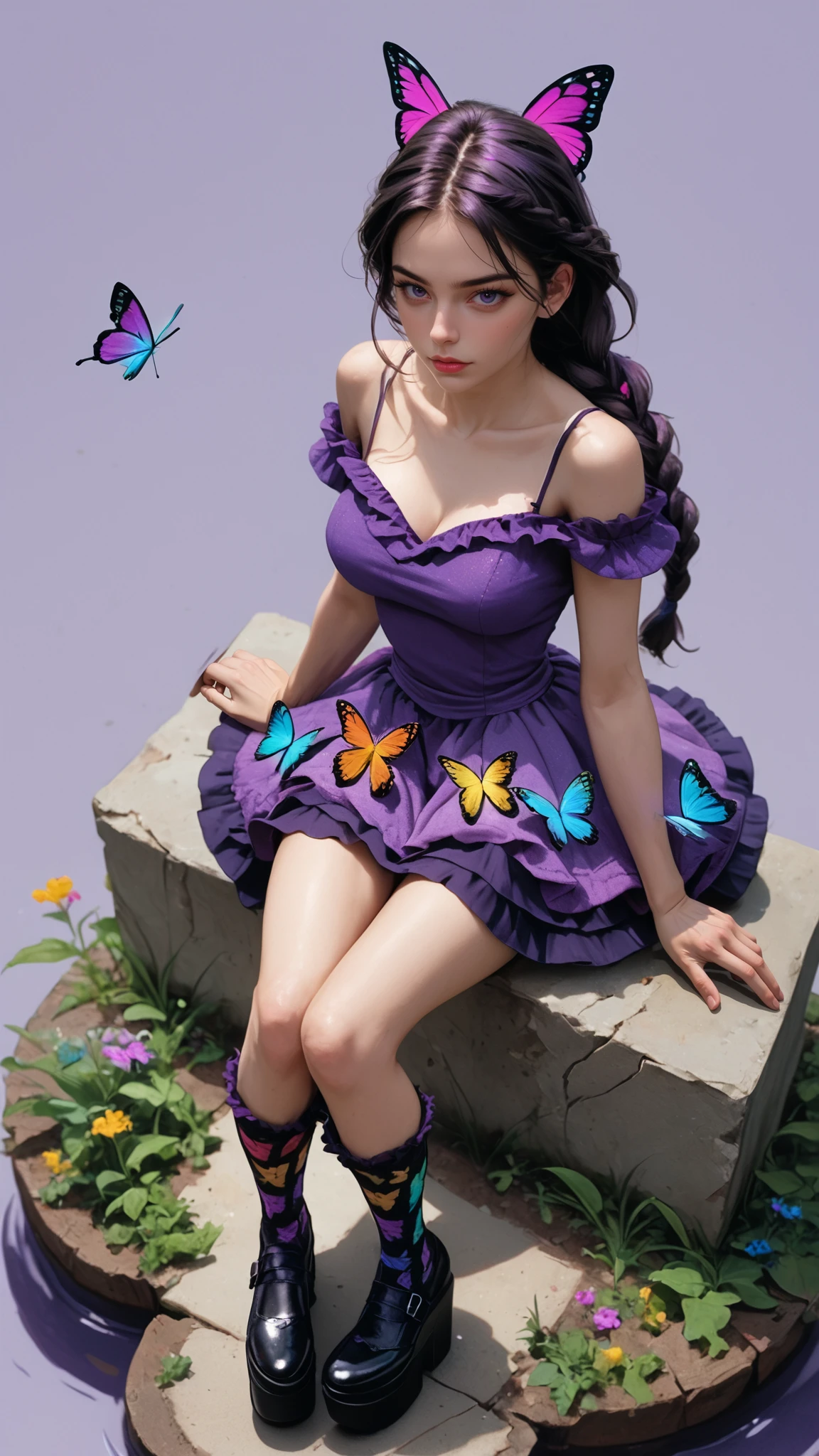 score_9, score_8_up, score_7_up, BREAK, 1 woman, lush breasts, outdoor, flowers, wearing reij-papilio, purple dress, (hip-length skirt), black knee-high ruffled socks, black platform shoes, butterfly details  <lora:reij-papilio:1>, (sitting:1.2), hands on skirt, from above