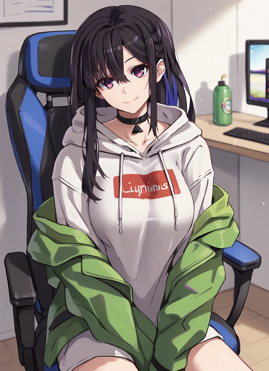 score_9, score_8_up, score_7_up, source_anime,1girl, solo, 
<lora:stylepinvise_kurara:0.75>
<lora:ChamIchinoseUruhaPonyXL:0.85>,IchinoseDefault, long hair, braid, multicolored hair,
black choker,
white hoodie, clothes writing, no pants, green jacket, off shoulder, 
large breasts,
smile, looking at viewer, hands down,
indoors,messy room,
sitting on gaming chair,Desk,gaming computer, monitor