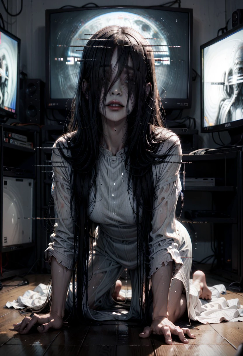 score_9, score_8_up, score_7_up, 
d1splaygl1tchl1nes, DisplayGlitchLines,Display Glitch Lines, 1girl, solo, long hair, breasts, bangs, shirt, black hair, dress, very long hair, parted lips, barefoot, teeth, indoors, white dress, fingernails, wet, all fours, pale skin, facing viewer, on floor, hair over eyes, television, monitor, horror (theme), yamamura sadako