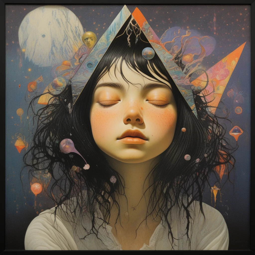 with a grotesque, surreal, ethereal appearance. Her hair is styled in loose, triangular grin and two glowing, fantastical scene. The artwork is a blend of whimsical and psychedelic elements, featuring a young girl with an otherworldly appearance. She has large, dark hair cascading down her back. She is depicted with her eyes closed, showcasing a woman's face. The artwork features a striking woman with a fair skin tone and striking features, with one hand thoughtfully touching her chin and the other resting on her knee., fantastical painting by the artist Robert Bateman