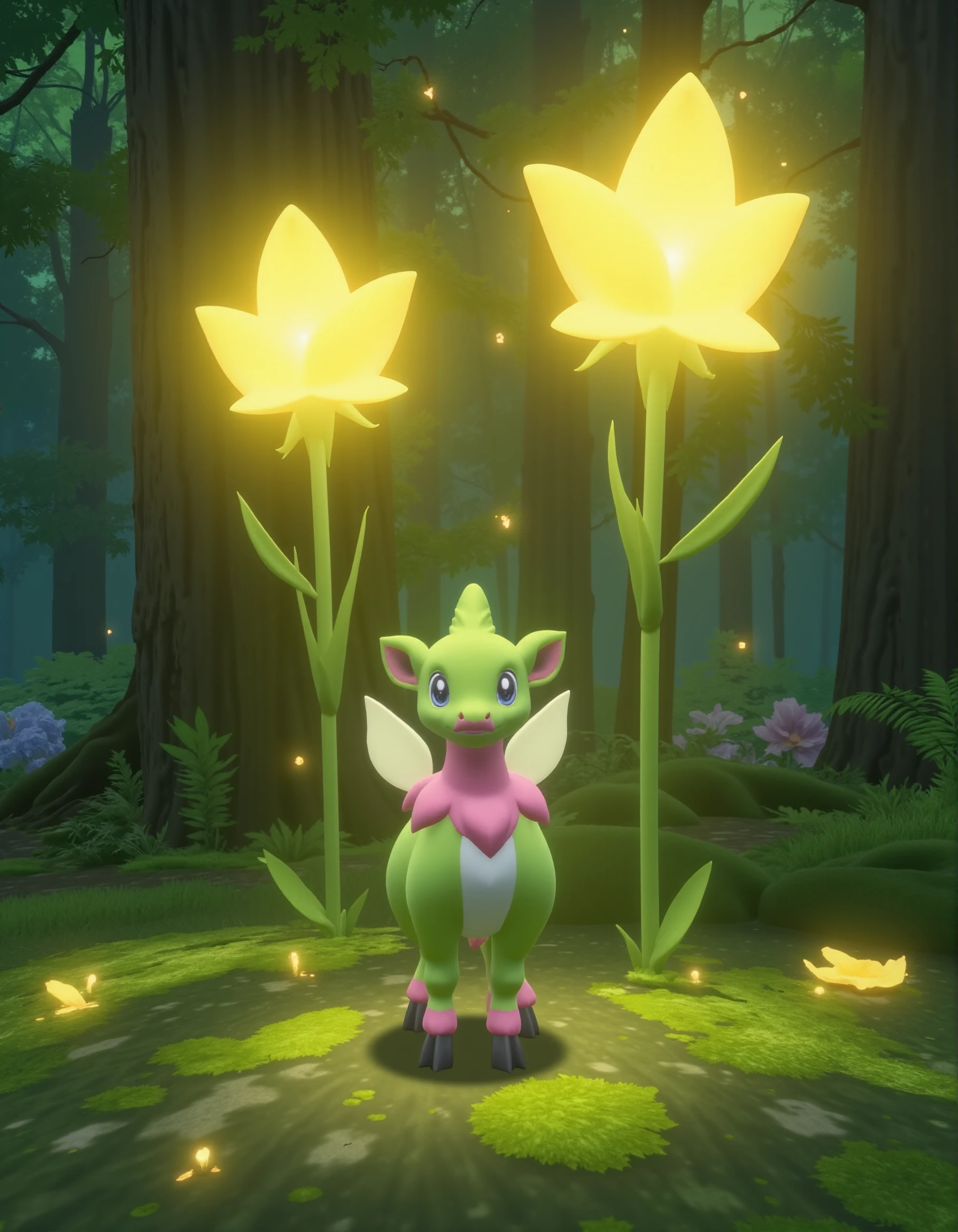 <lora:AntiBlur:3>, <lora:PokÃ©mon Legends Arceus:1>, Hisui
Terrabloom: A digital image featuring a stylized, cartoon-like representation of Terrabloom, a grass/fairy-type PokÃ©mon species. Terrabloom is depicted standing in a lush, magical forest where giant, glowing flowers tower over it, casting a soft golden light. The ground is covered in a thick layer of moss, interspersed with twinkling lights from the spores of the mystical plants. Terrabloom has a small, deer-like body covered in vibrant, leaf-like fur that changes from deep green at its legs to soft pink petals around its neck. Its eyes sparkle with a gentle, otherworldly light, and delicate, translucent wings flutter behind it. The flowers around it glow in sync with Terrabloomâs heartbeat, giving the scene a rhythmic, peaceful quality. The atmosphere is serene and dreamlike, with soft, pastel colors dominating the palette.