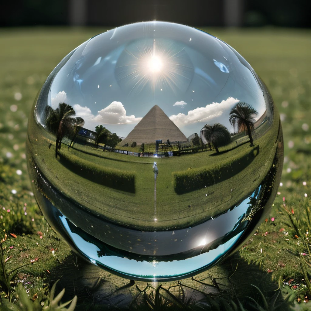 masterpiece, best quality, intricate photo, make a photo through glass sphere and see egypt, glass ball lying in the green grass, glass ball photography, hyper realistic, highly detailed, sharp focus, high resolution, 8K, <lora:GlassSphere_v11:0.5>