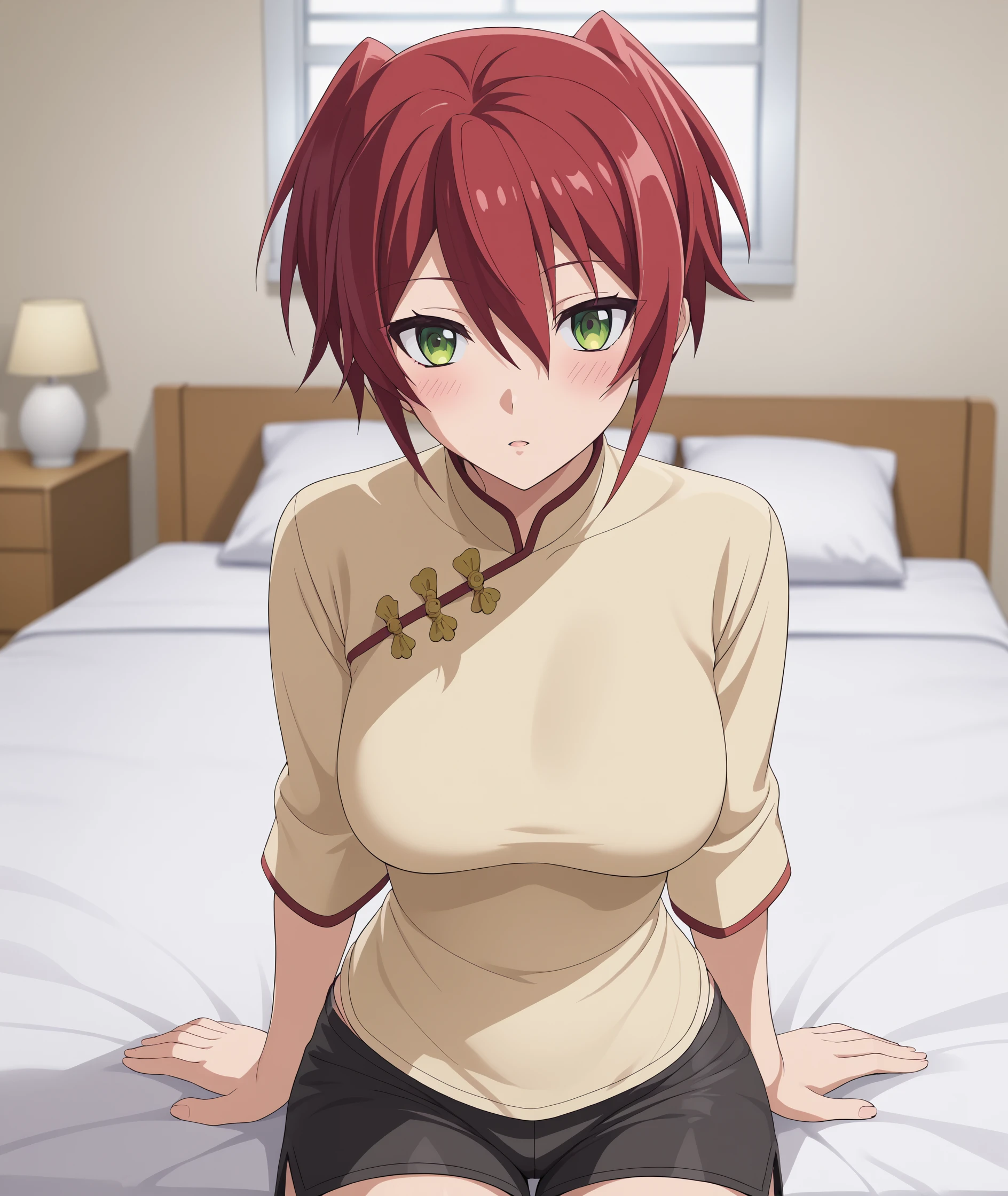 score_9, score_8_up, source_anime, highres, hi res, best quality, masterpiece, 2d, intricate details, official style, anime, 4k, anime style,
1girl, solo, female, short hair, hair between eyes, green eyes, sidelocks, red hair,
breasts, large breasts, medium breasts, shirt, chinese clothes, shorts, short shorts, black shorts,
sitting, facing viewer, looking at viewer, cowboy shot, indoors, on bed, bed sheet, bed, bedroom, <lora:KiriyaSenshou1024_Pony:1>, senshou kiriya, megami-ryou no ryoubo-kun,