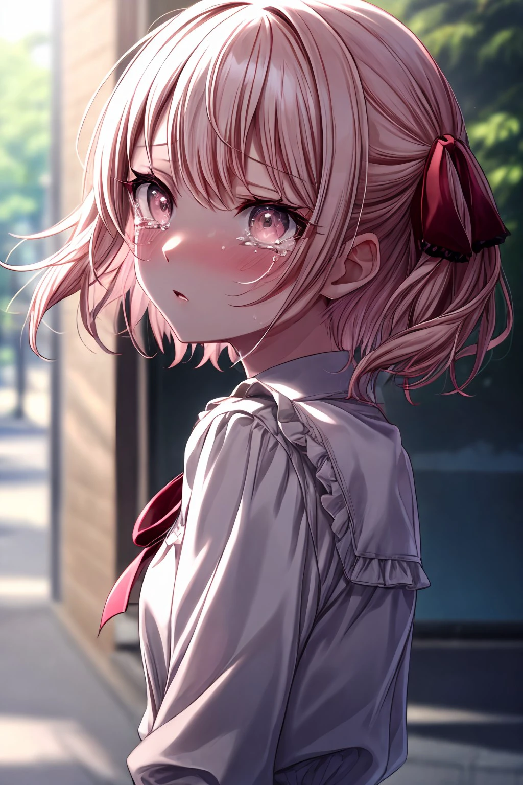 (masterpiece), best quality, expressive eyes, perfect face, akiyama_m, blush, short hair, shirt, long sleeves, ribbon, hair ribbon, white shirt, upper body, outdoors, frills, parted lips, tears, blurry, from side, red ribbon, depth of field, blurry background, crying, lens flare, frilled shirt, <lora:0a70ac4e-017c-4b3c-8a37-91bb98b23c88:0.7>, <lora:more_details:0.7>